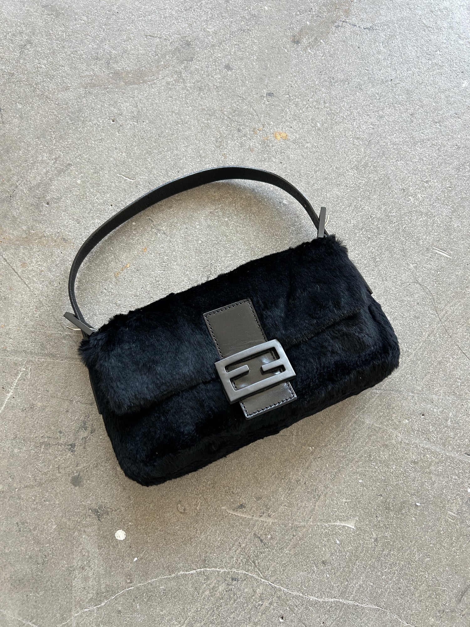 Vintage Fendi Black Lapin Fur Baguette Shoulder Bag (2000s)