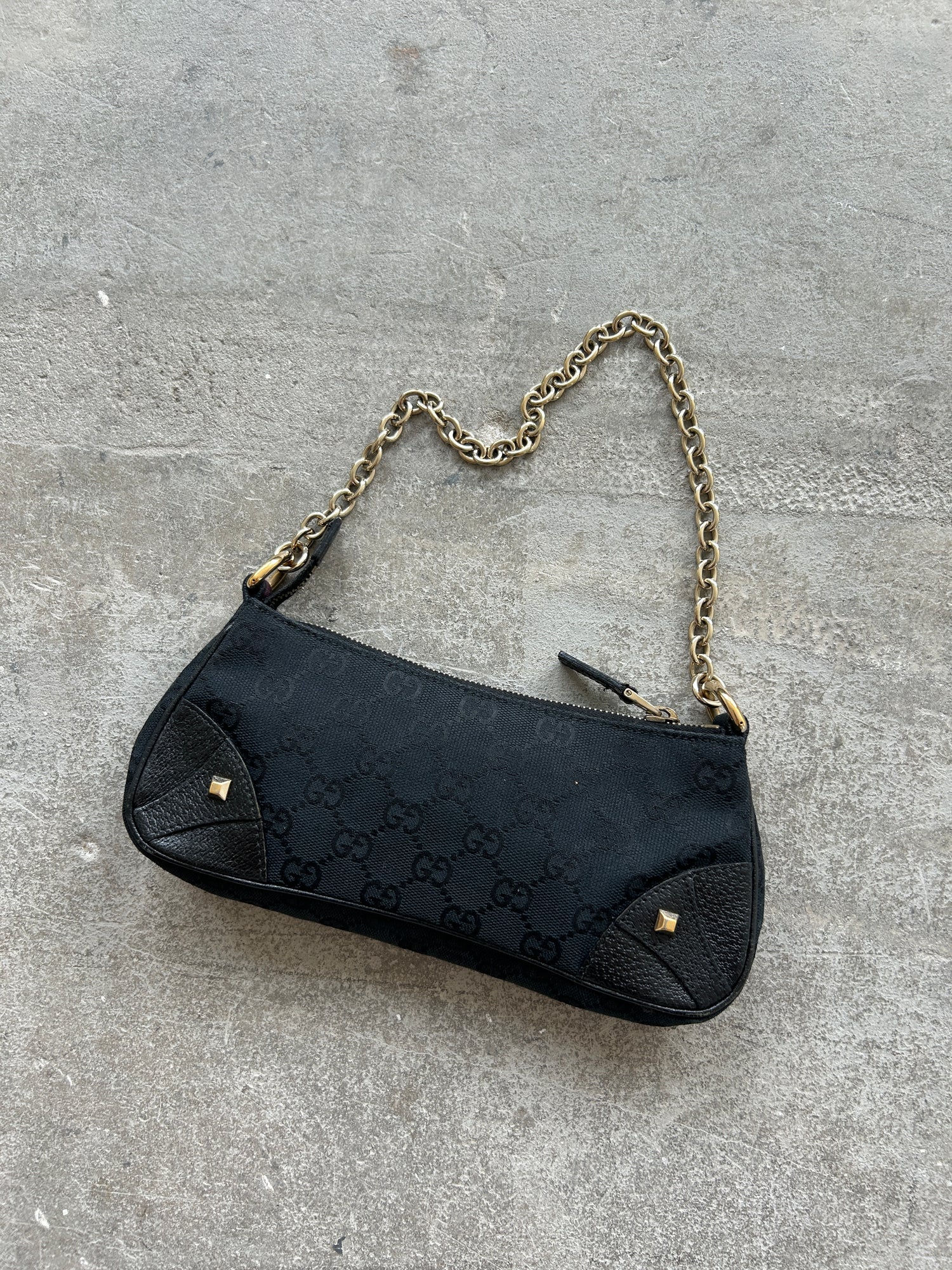 Vintage Gucci Monogram Black Nailhead Chain Pochette Bag