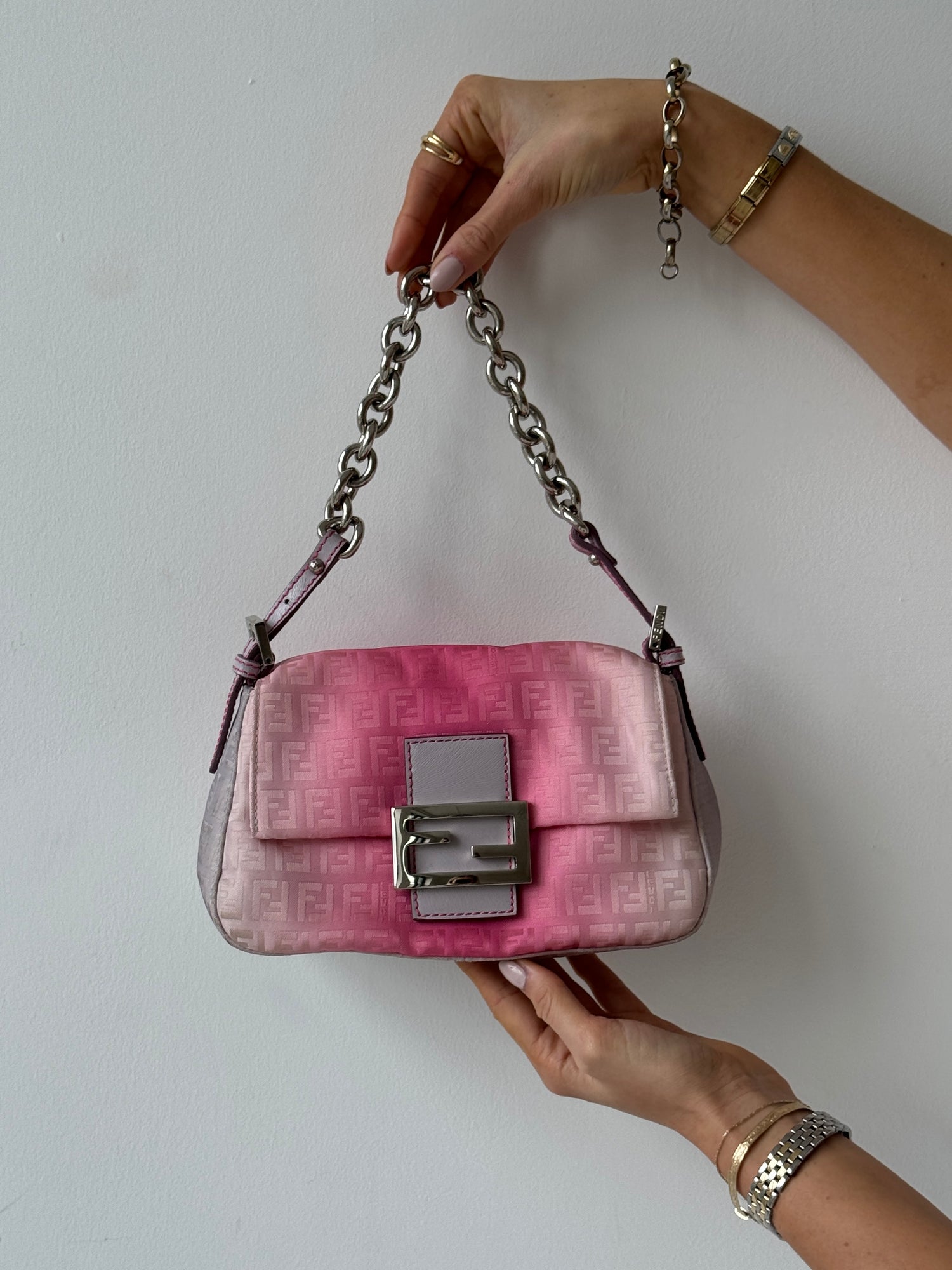 Fendi Zucca Pink Ombré Chain Mini Baguette Bag
