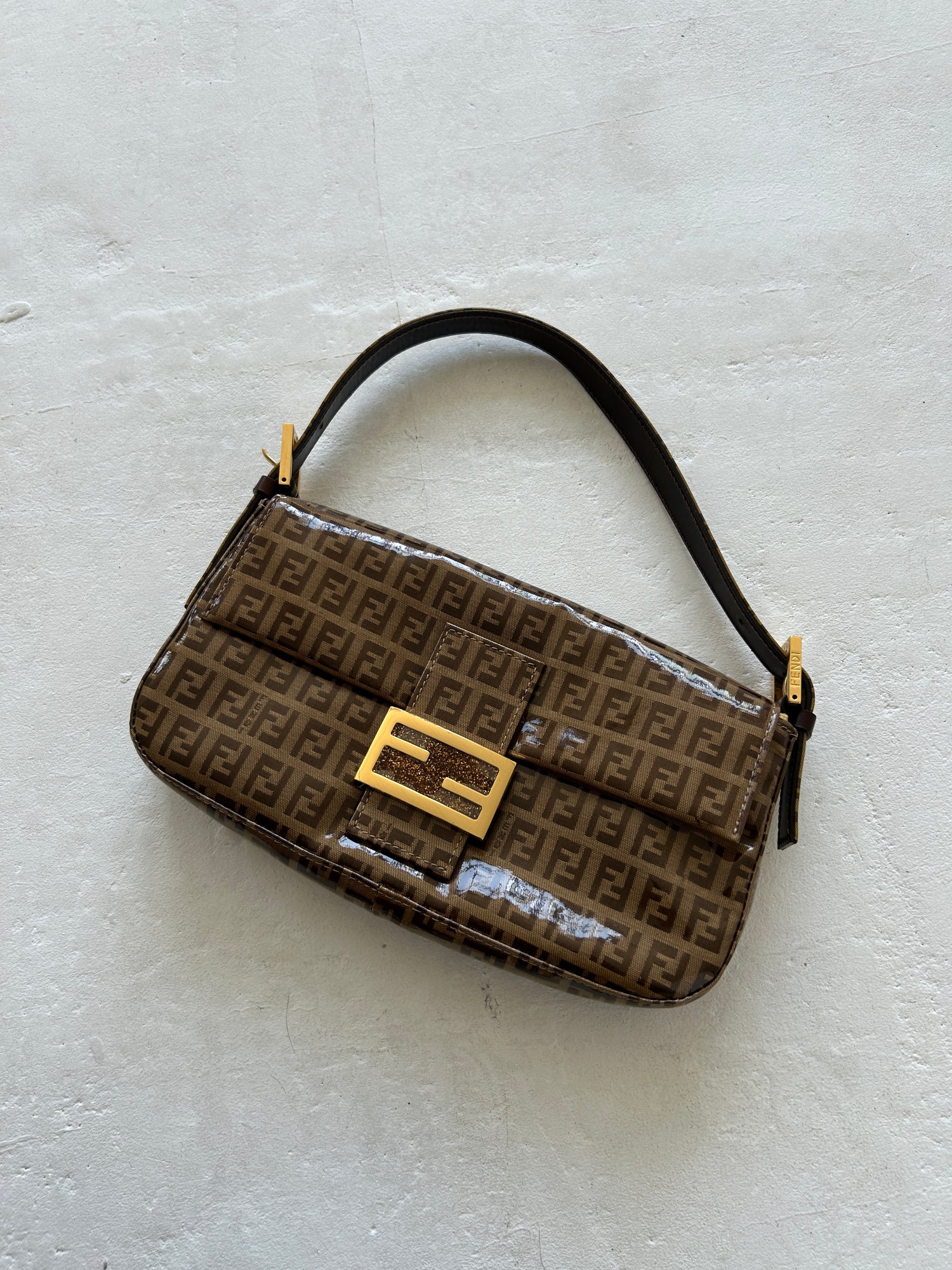 Vintage Fendi Zucca PVC Glitter Enamel Resin Baguette Shoulder Bag