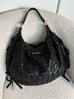 Miu Miu 2000s Black Woven Leather Fringe Hobo Bag