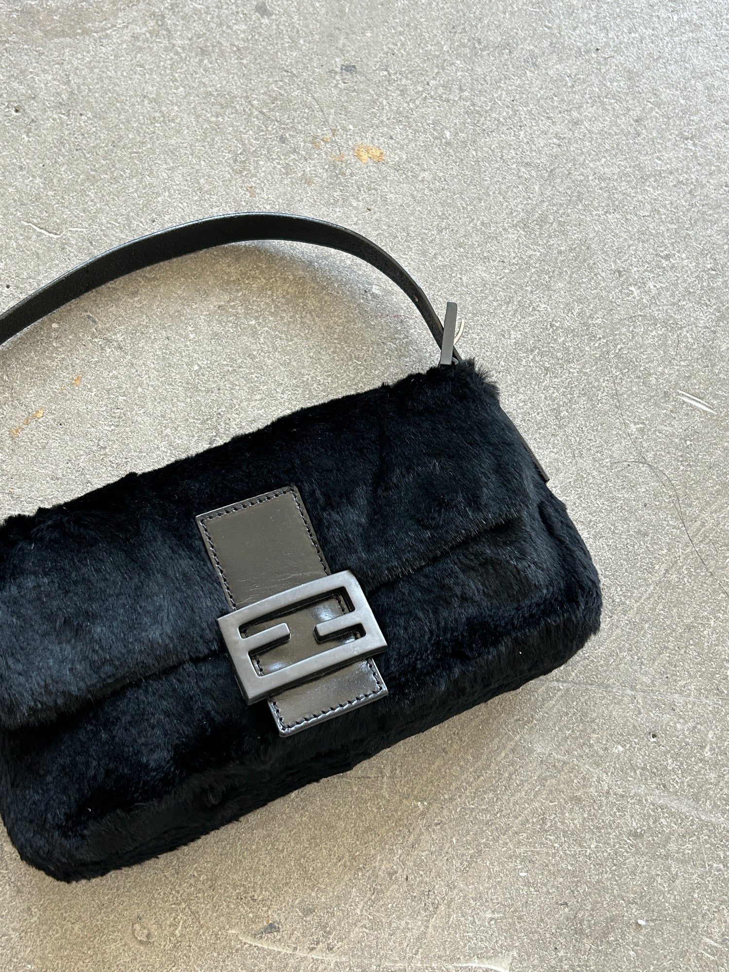 Vintage Fendi Black Lapin Fur Baguette Shoulder Bag (2000s)