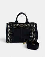 2000s Prada Black Canapa Studded 2-Way Handbag