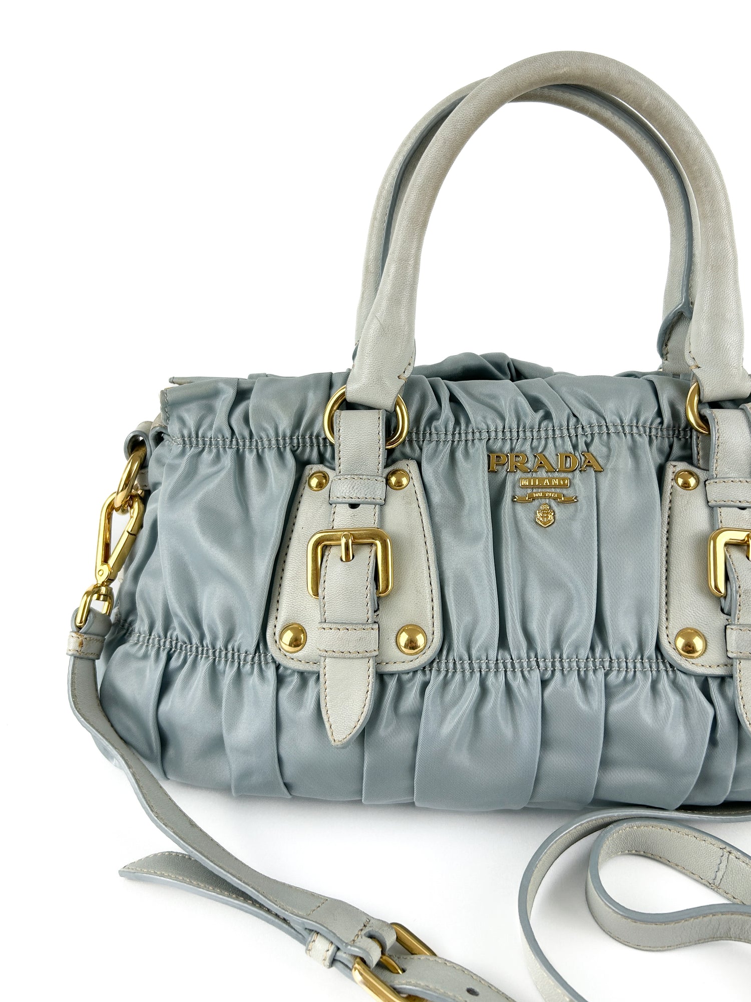 Vintage Prada Baby Blue Tessuto Gaufre Satchel Bag (with extension strap)