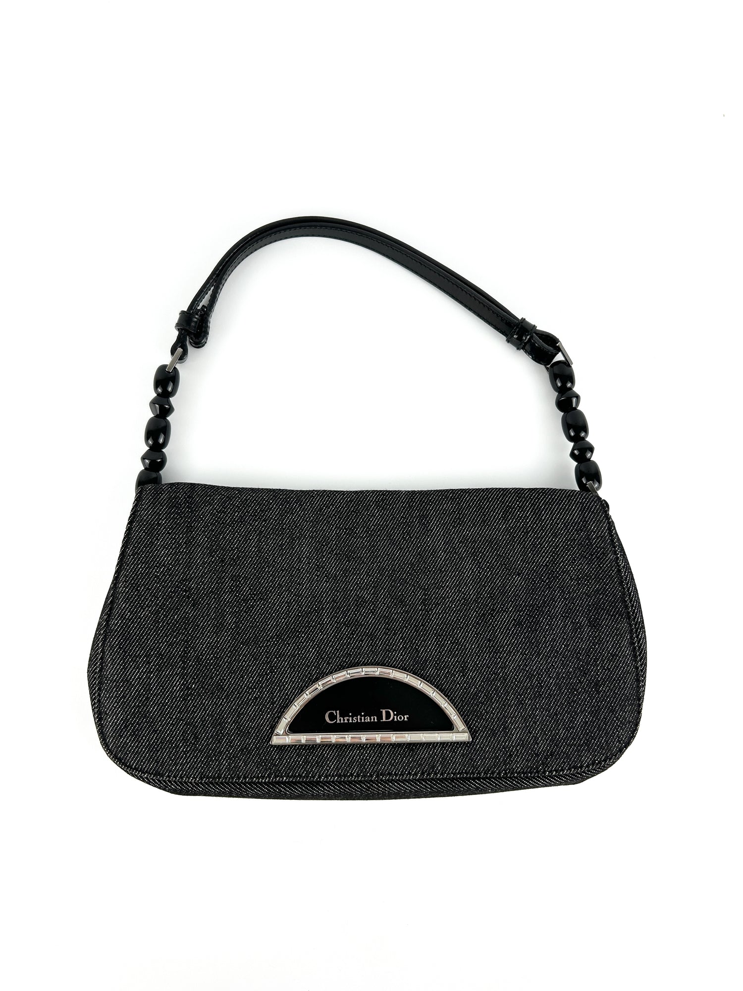 Vintage Christian Dior Black Denim Diamanté Shoulder Bag (2000)