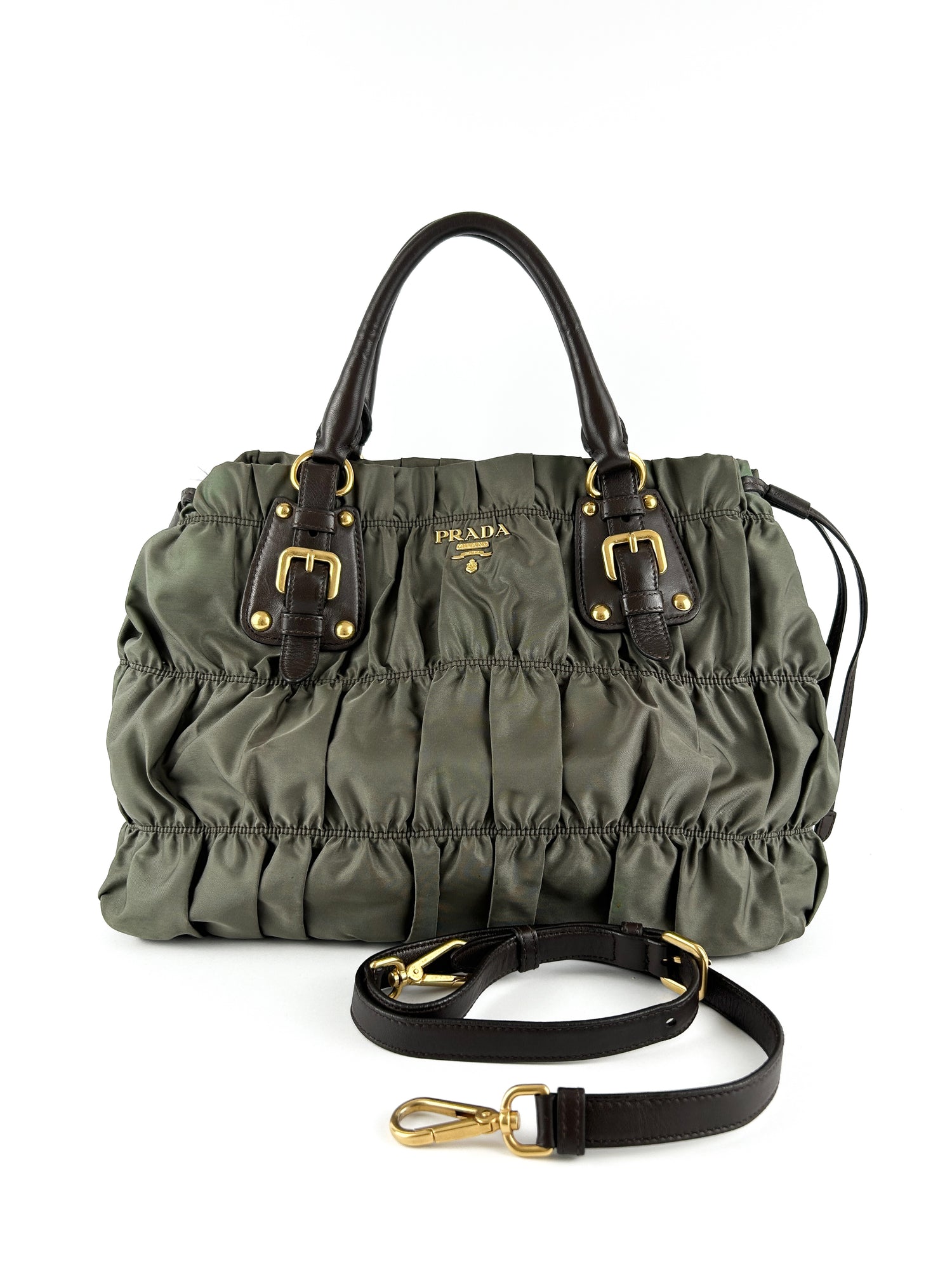 Prada Khaki Tessuto Gaufre Nylon Satchel Bag (with extension strap)
