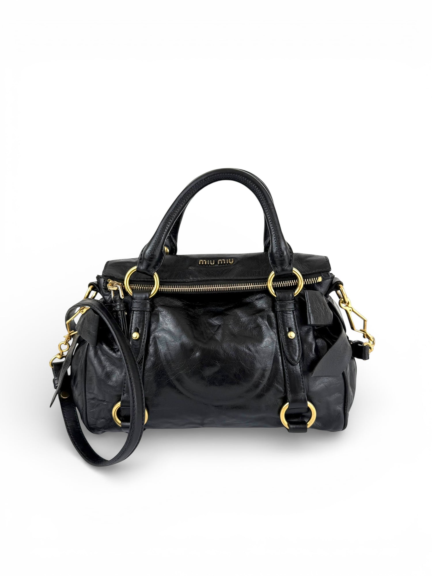 2012 Miu Miu Vitello Shine Leather 2way Bow Black Handbag