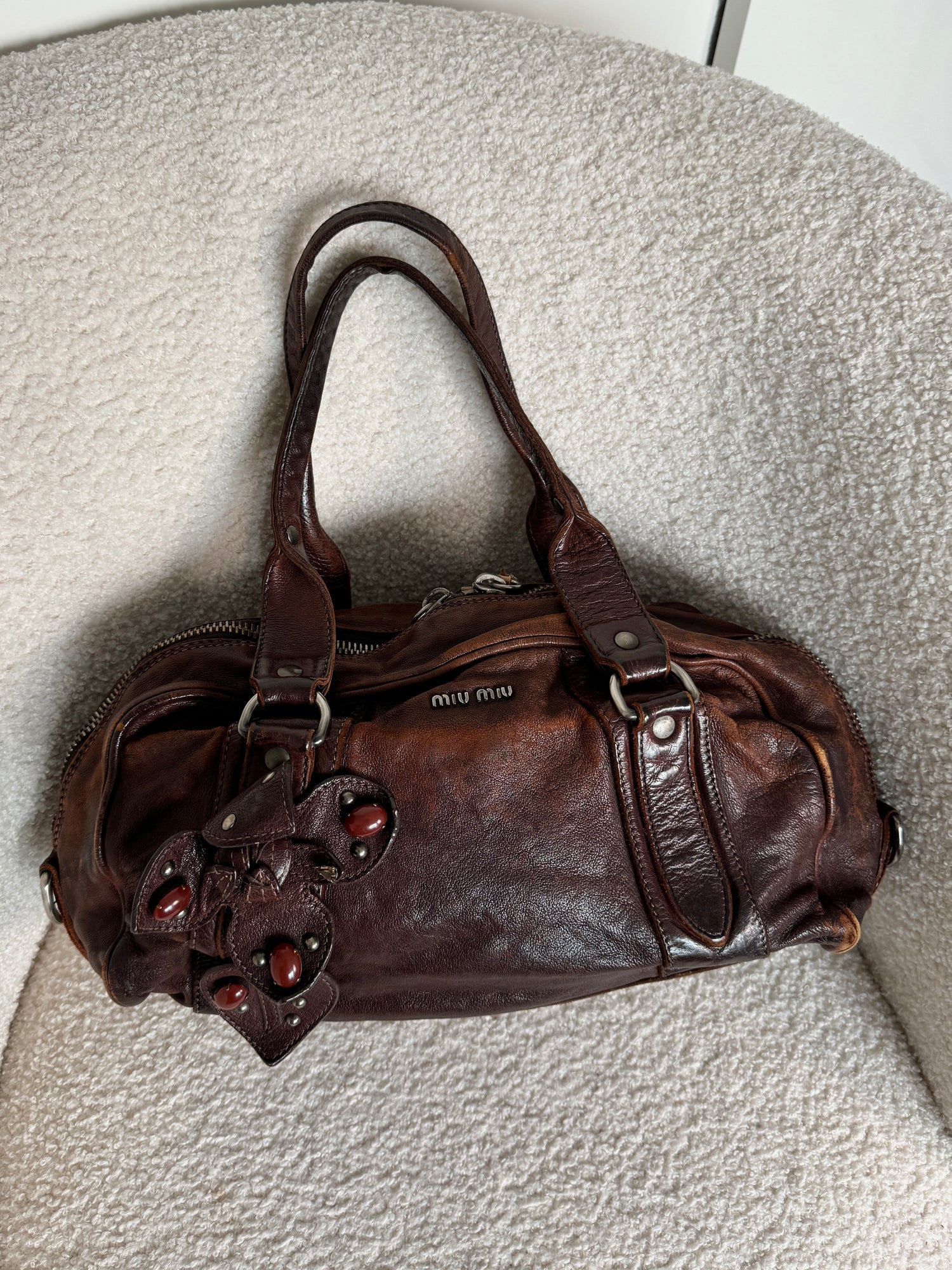 Archive 90s Miu Miu Leather Flower Charm Boston Handbag