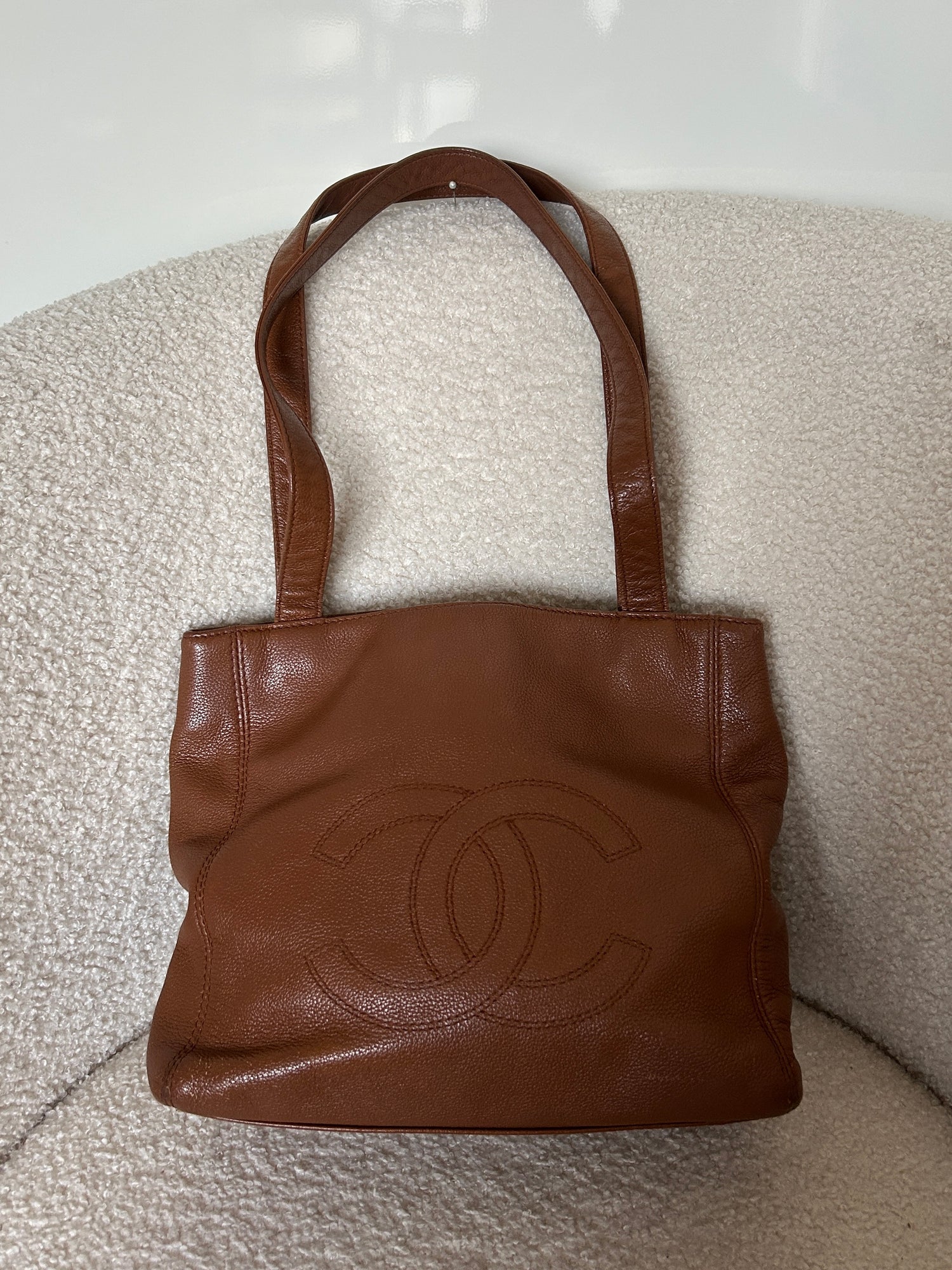 Vintage 1997-1999 Chanel CC Grained Leather Brown Mini Tote Bag