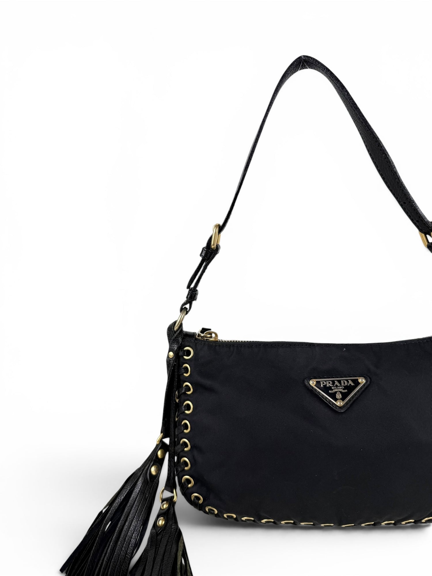 2000s RARE Prada Nylon Grommet Stitch Shoulder Bag