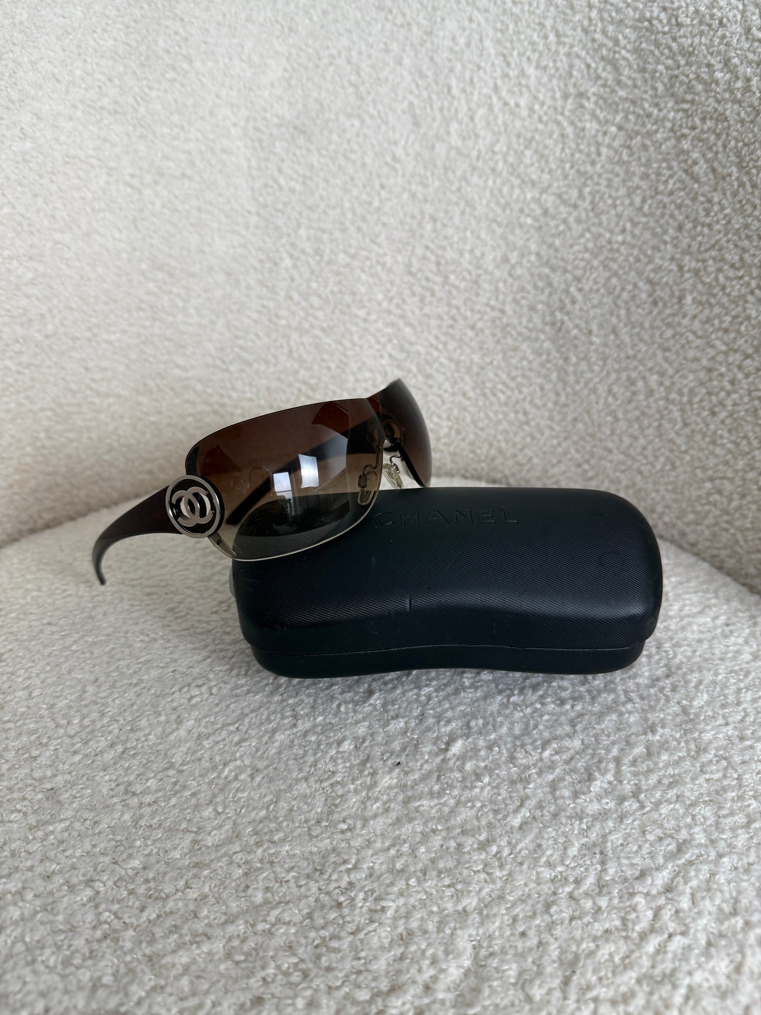 Vintage 2000s Chanel Rimless Shield CC Sunglasses (with case)