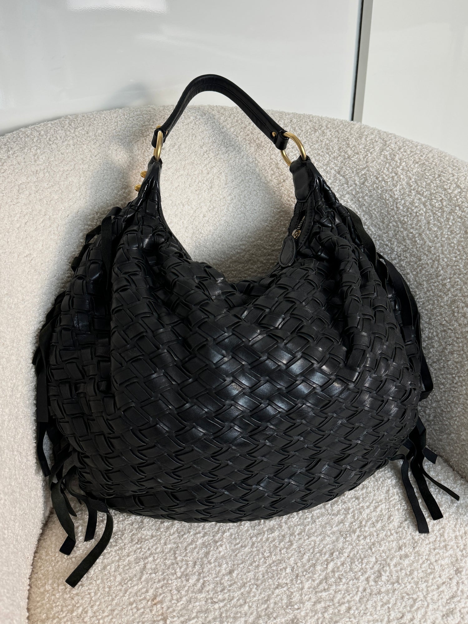 Miu Miu 2000s Black Woven Leather Fringe Hobo Bag