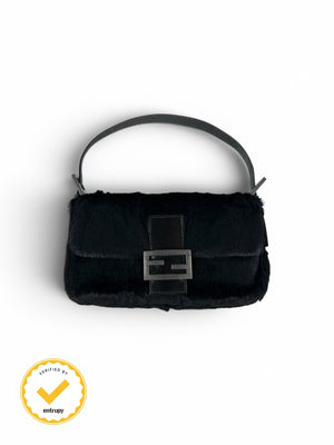 Vintage Fendi Black Lapin Fur Baguette Shoulder Bag (90s)
