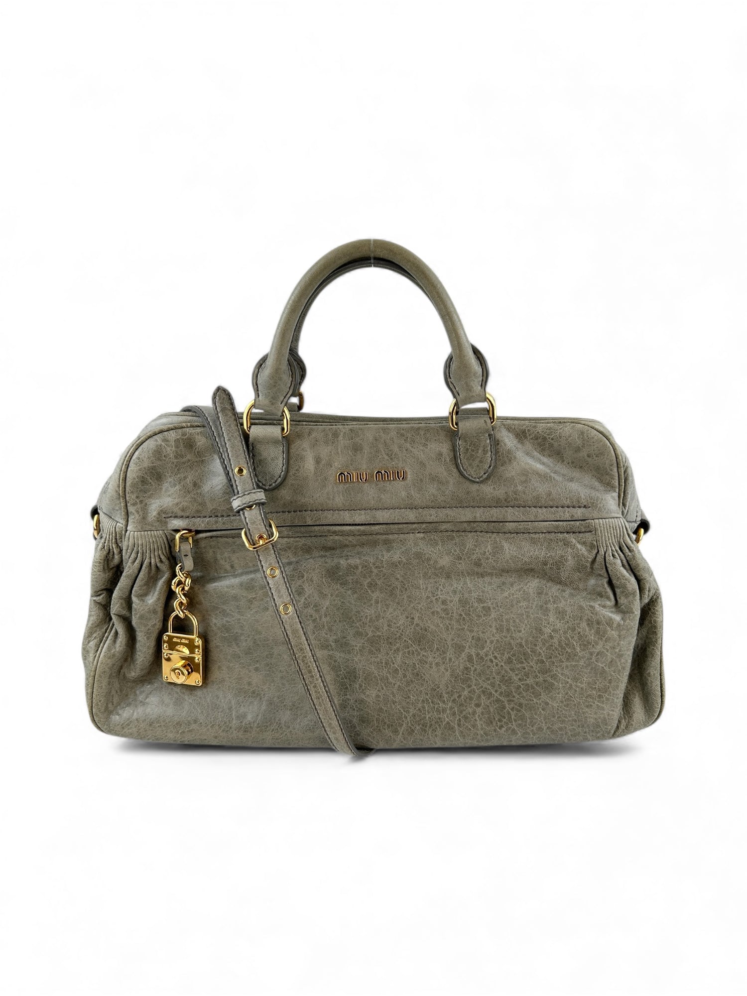 Miu Miu Nappa Leather Khaki Grey 2Way Large Handbag 2000s