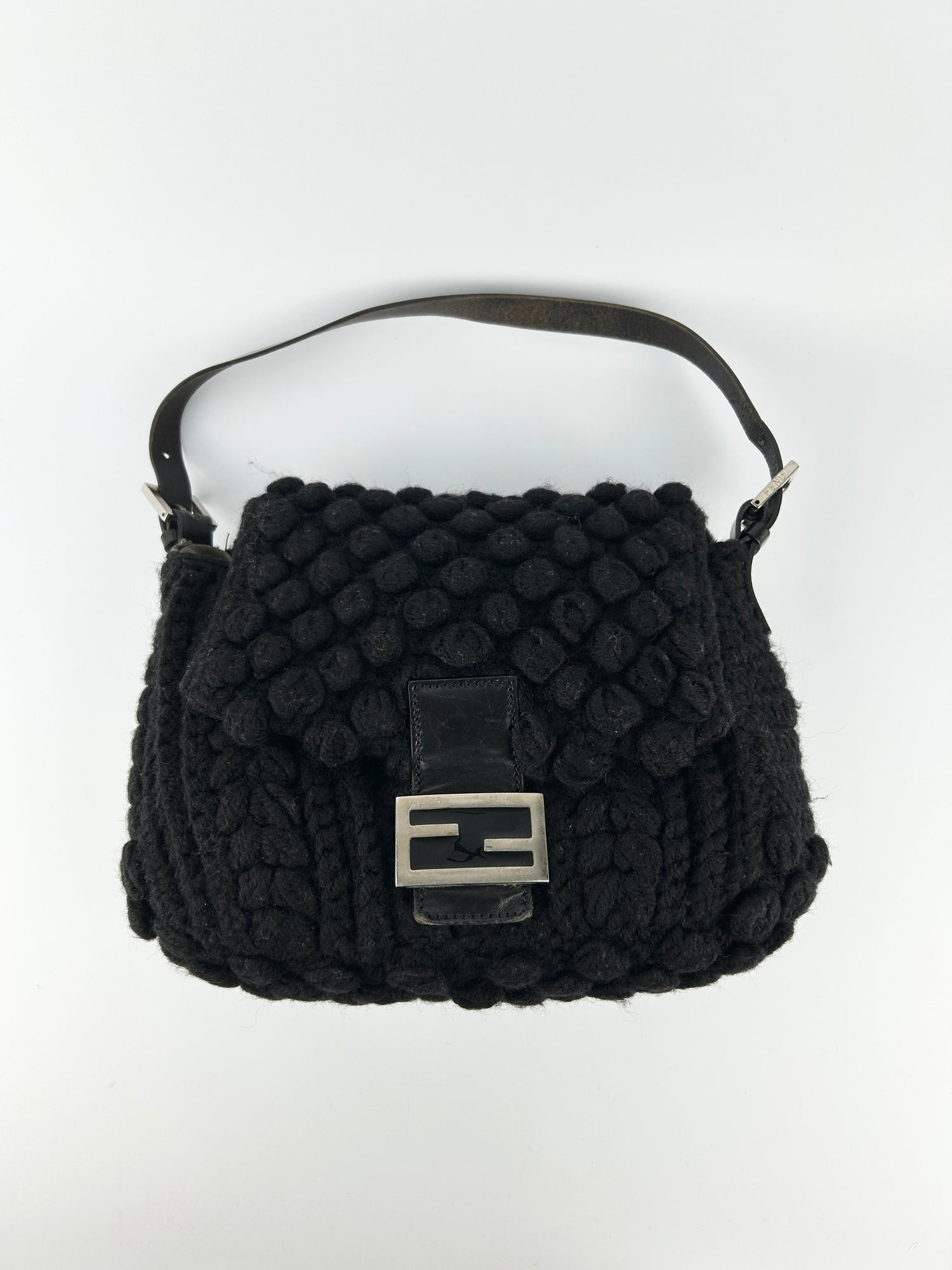 Vintage Fendi Black Crochet Bobble Knit Mamma Baguette Shoulder Bag