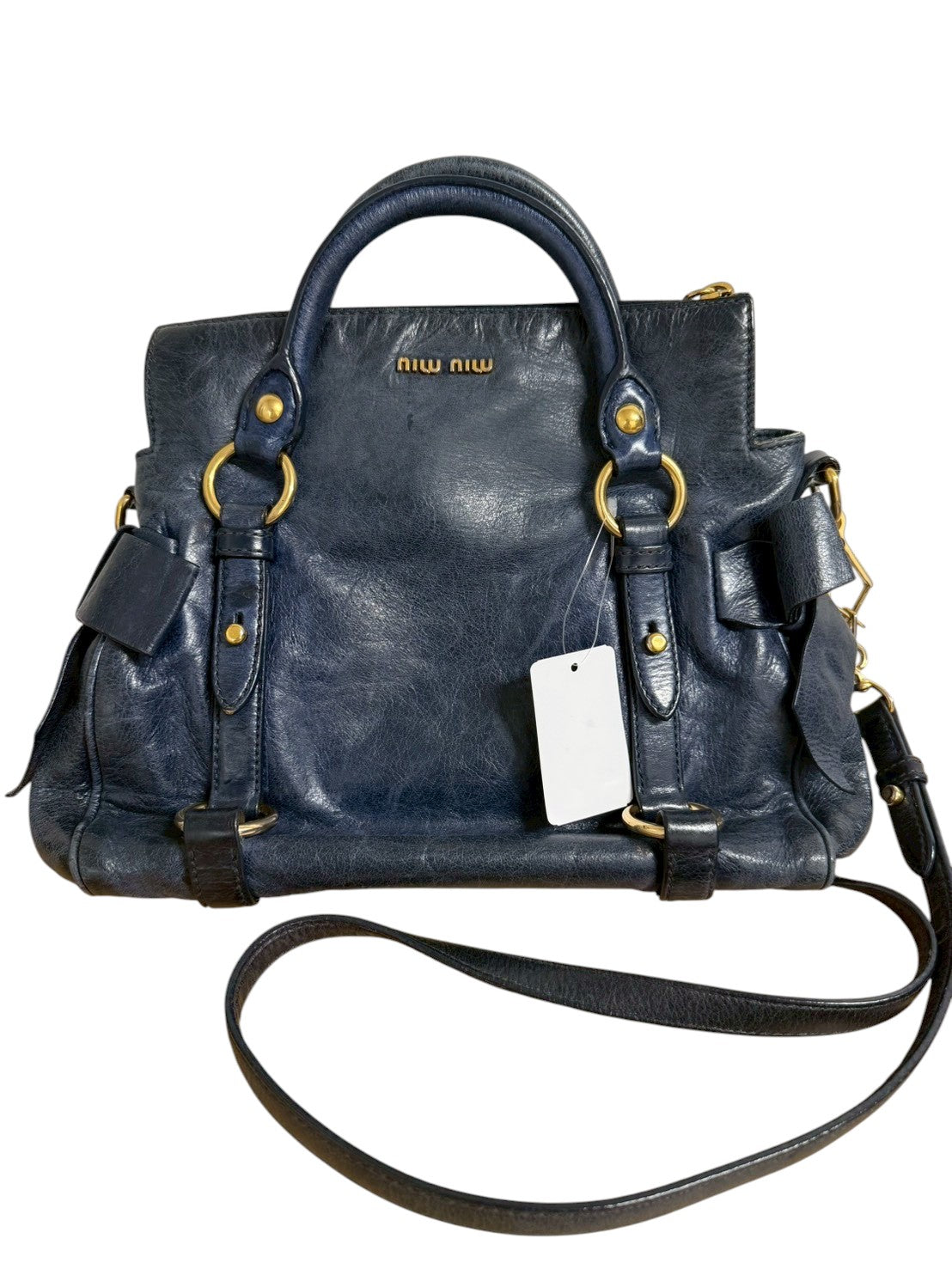 Miu Miu Vitello Lux Bow Satchel Navy 2way Handbag