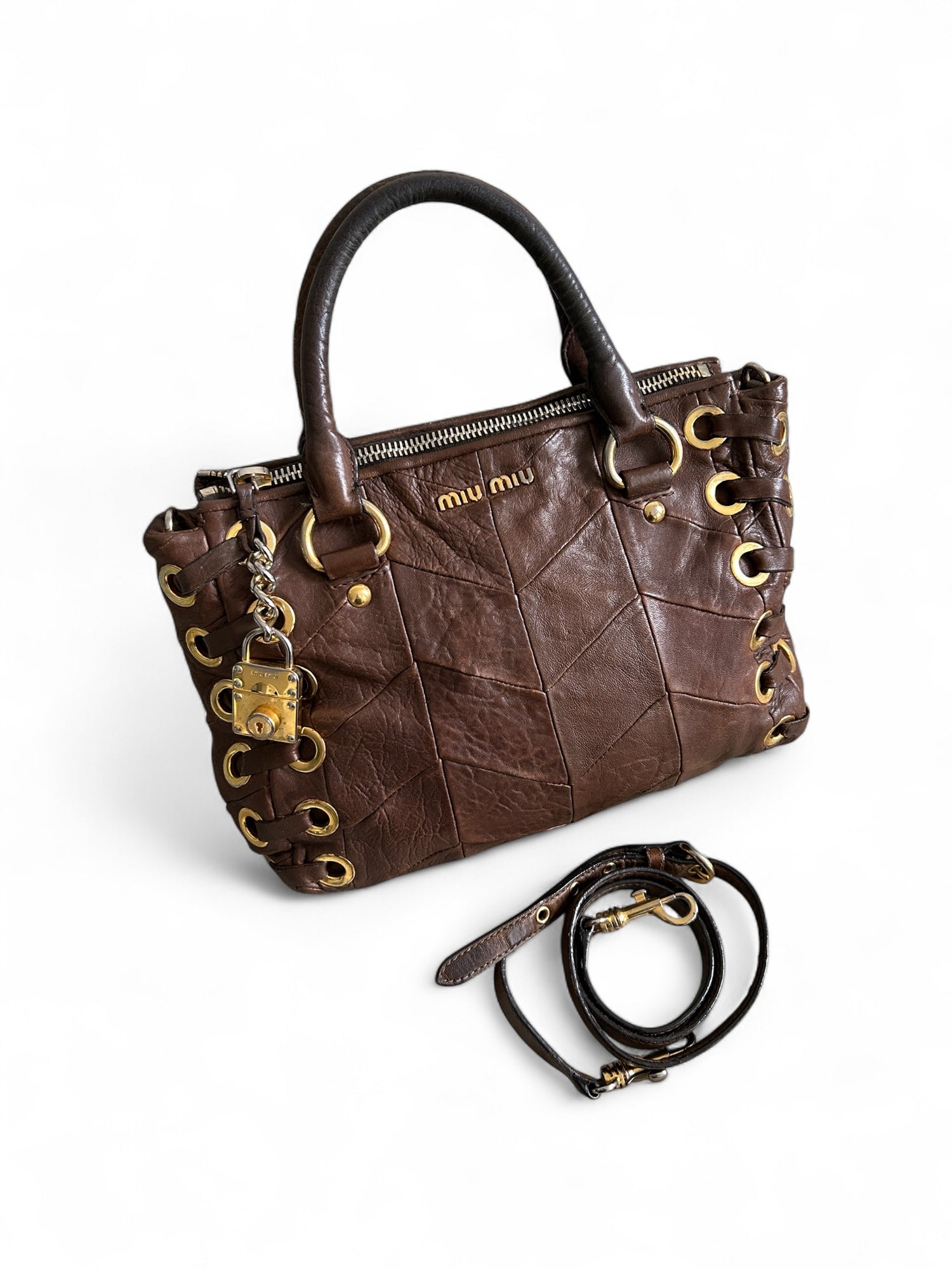 Vintage 2000s Miu Miu Grommet Tote Caramel Chevron Leather
