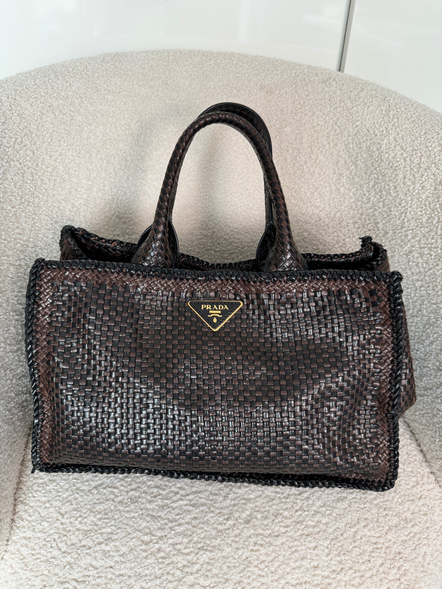 Prada Metallic Bronze Madras Straw Leather Handbag