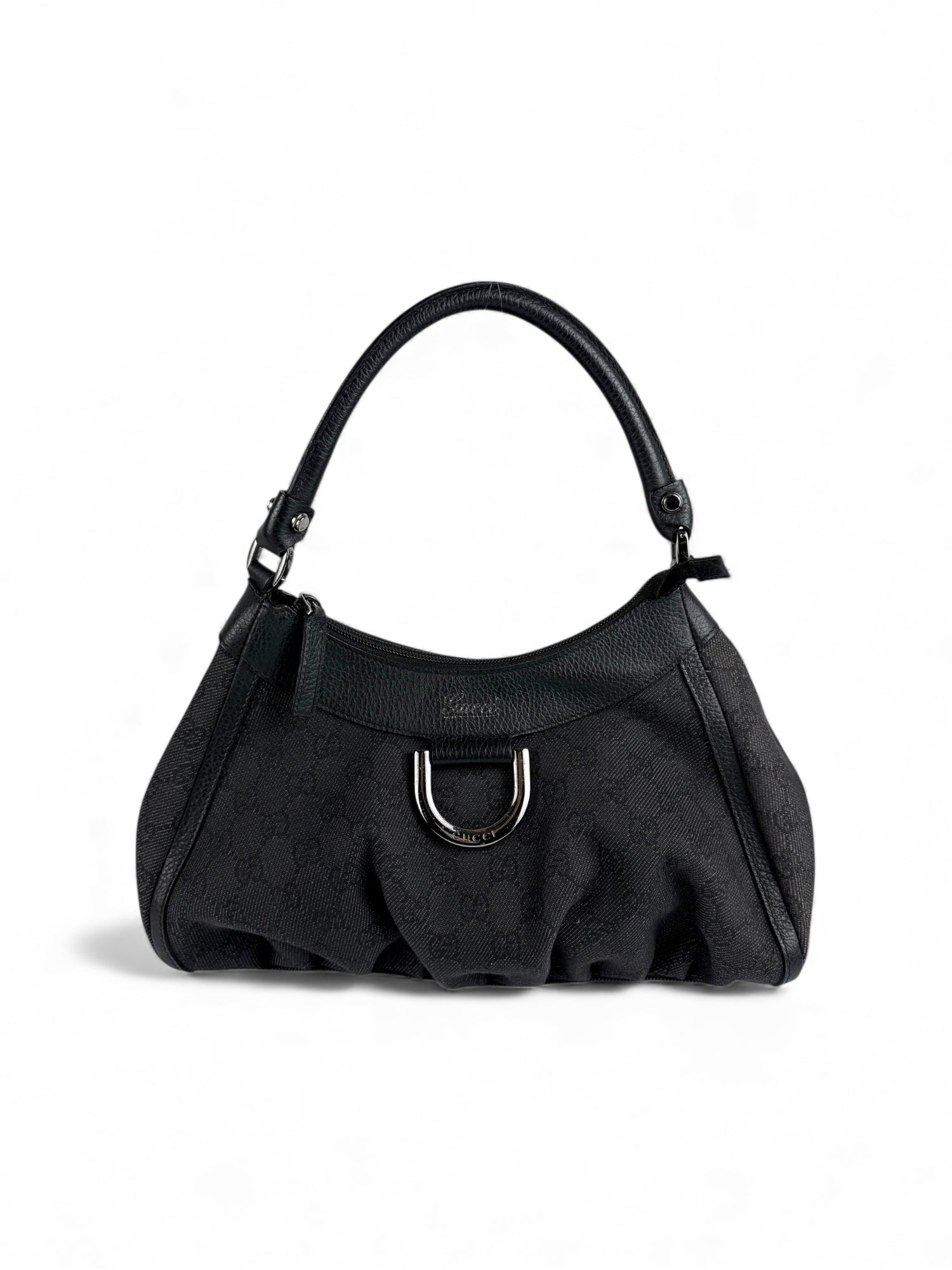 Vintage 90s Gucci Monogram Black Denim Mini D-Ring Shoulder Bag