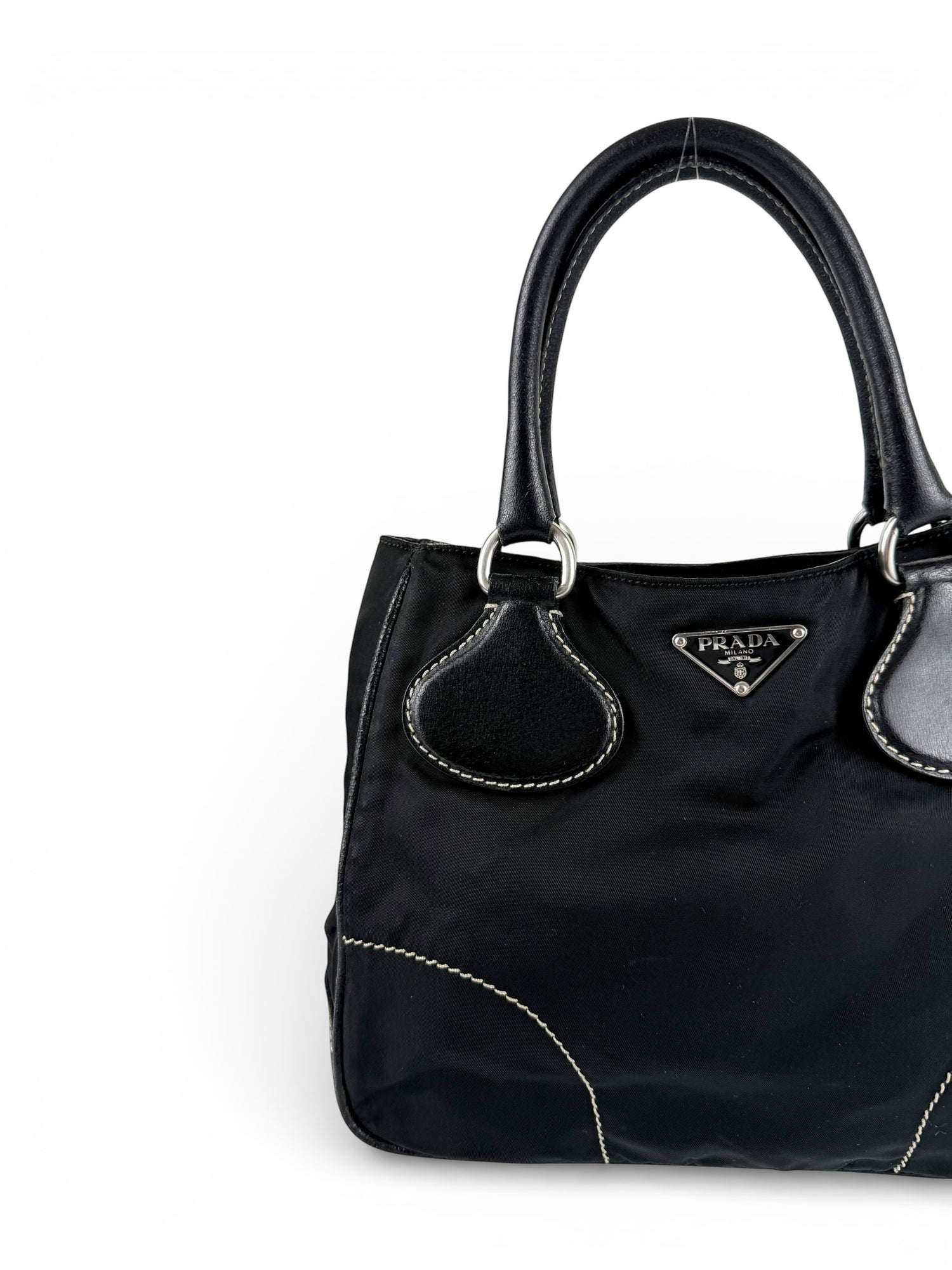 2010s Prada Nylon Black Contrast Stitch Tote Bag