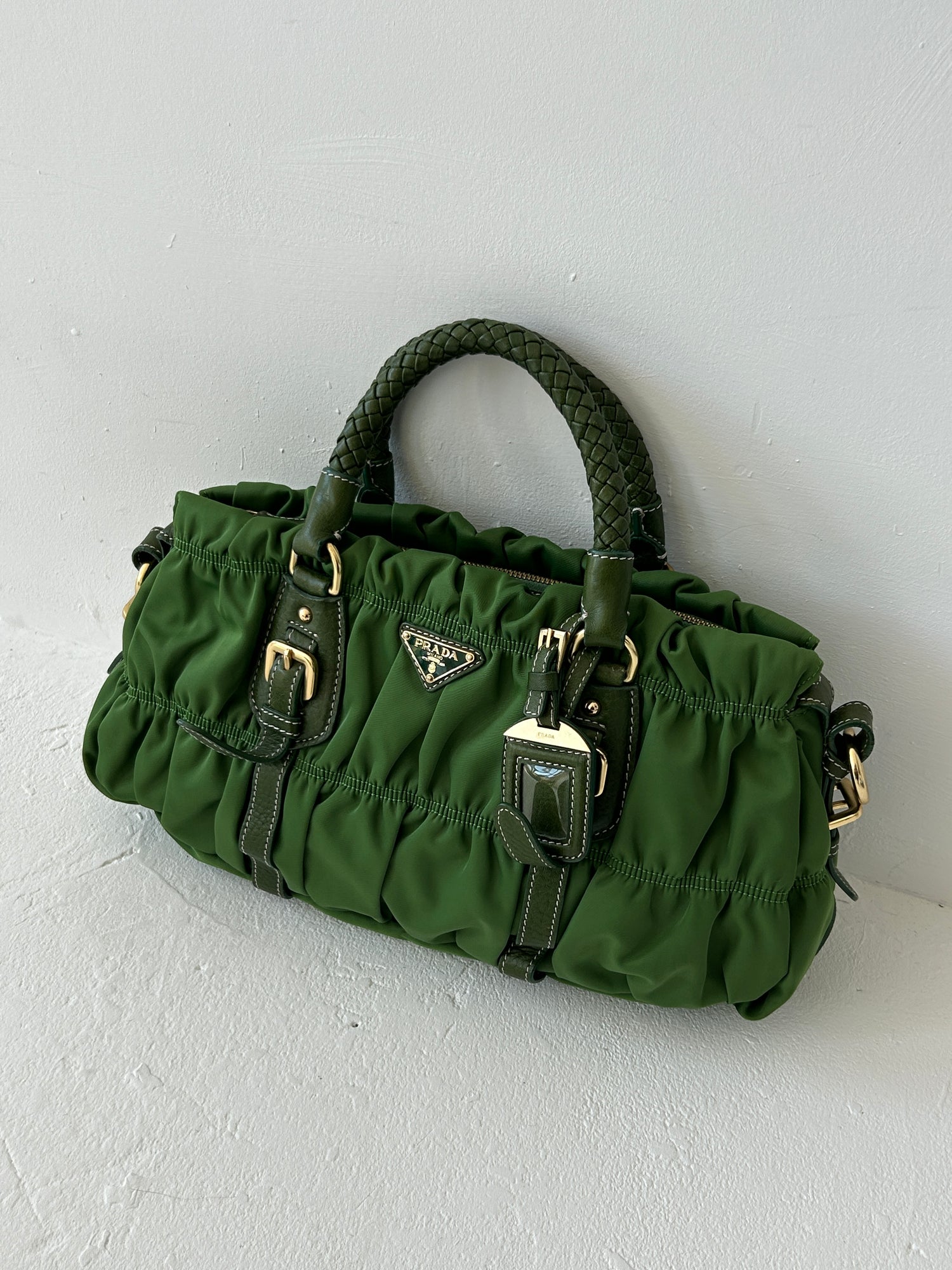 Prada Green Tessuto Gaufre Satchel Bag (with extension strap)