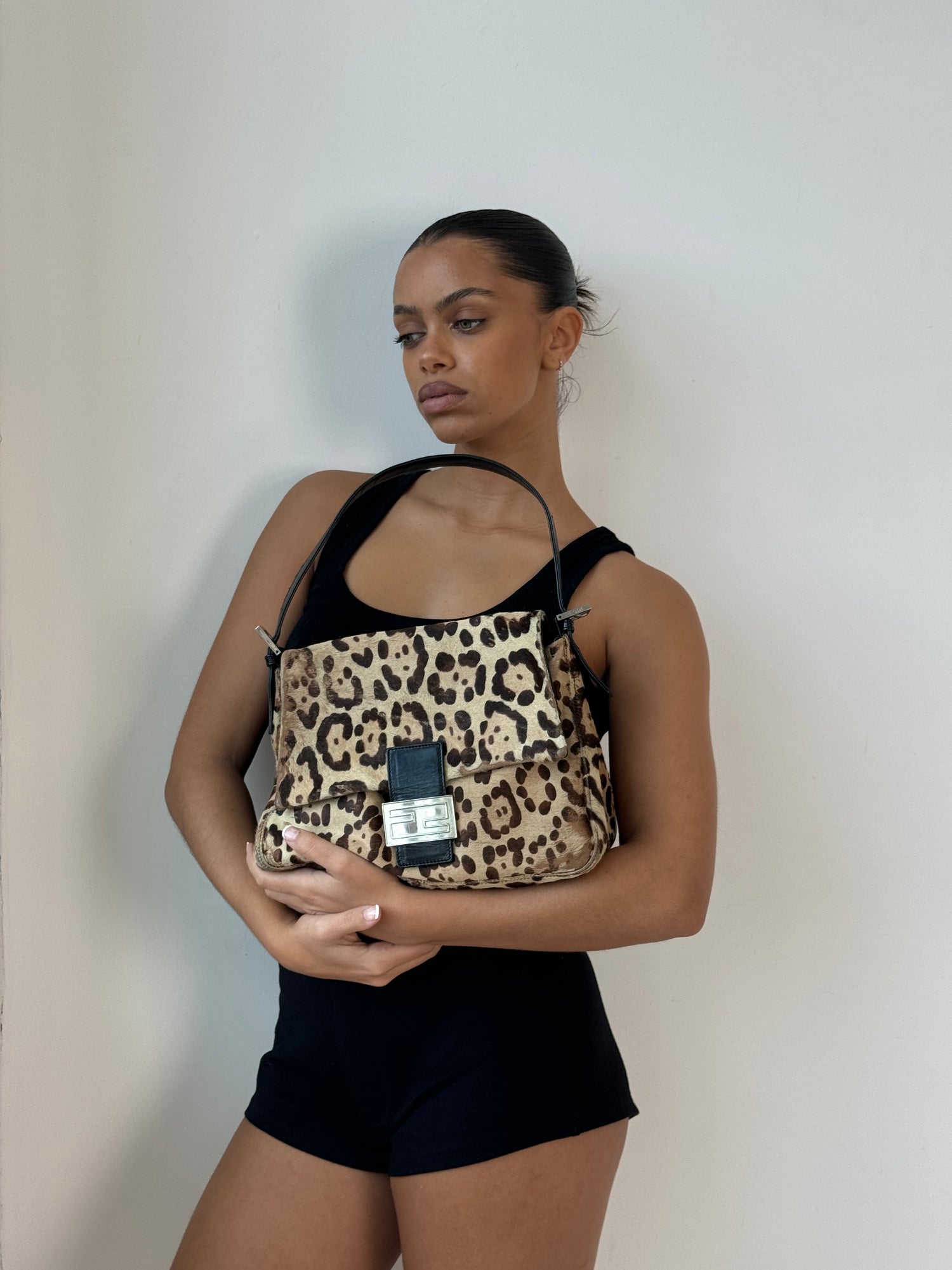 Vintage Fendi Leopard Print Calf Hair Mamma Baguette Shoulder Bag