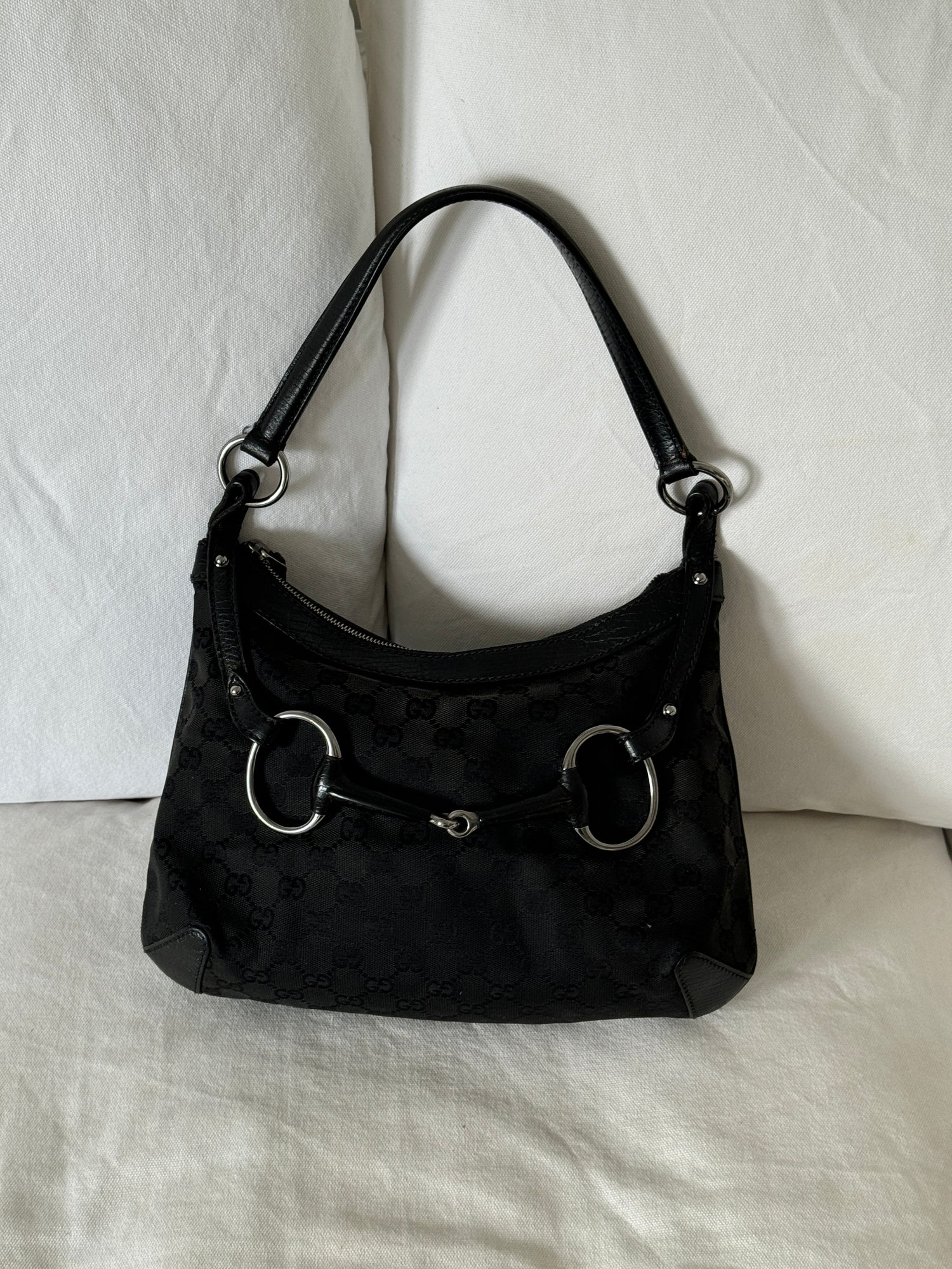 Vintage 90s Gucci Black Monogram Horsebit 1955 Shoulder Bag