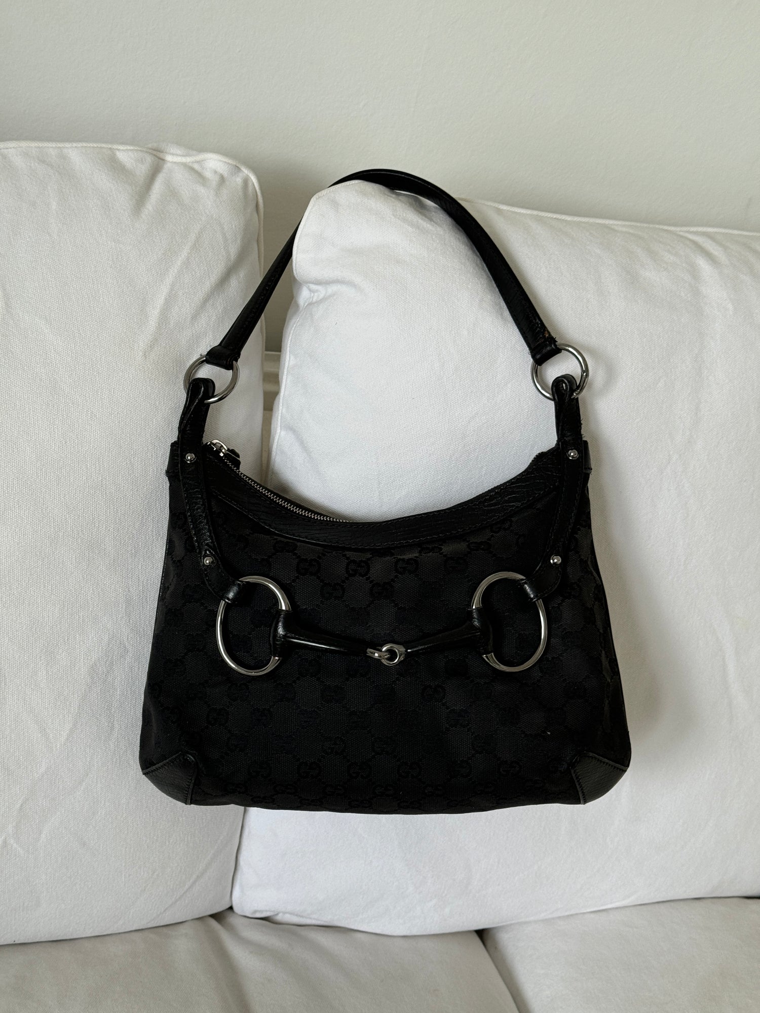 Vintage 90s Gucci Black Monogram Horsebit 1955 Shoulder Bag