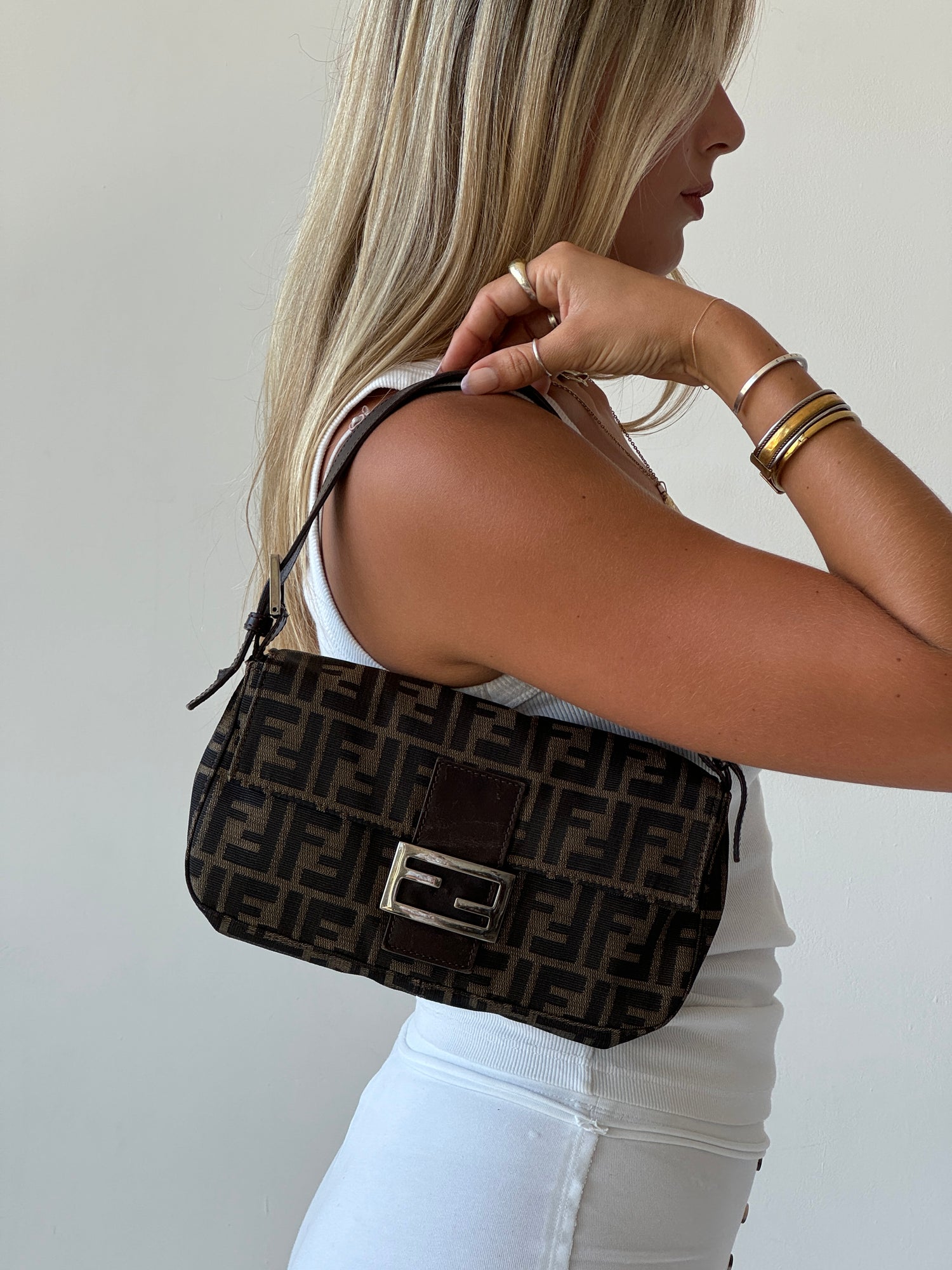 Vintage Fendi Zucca Classic Baguette Shoulder Bag 90s