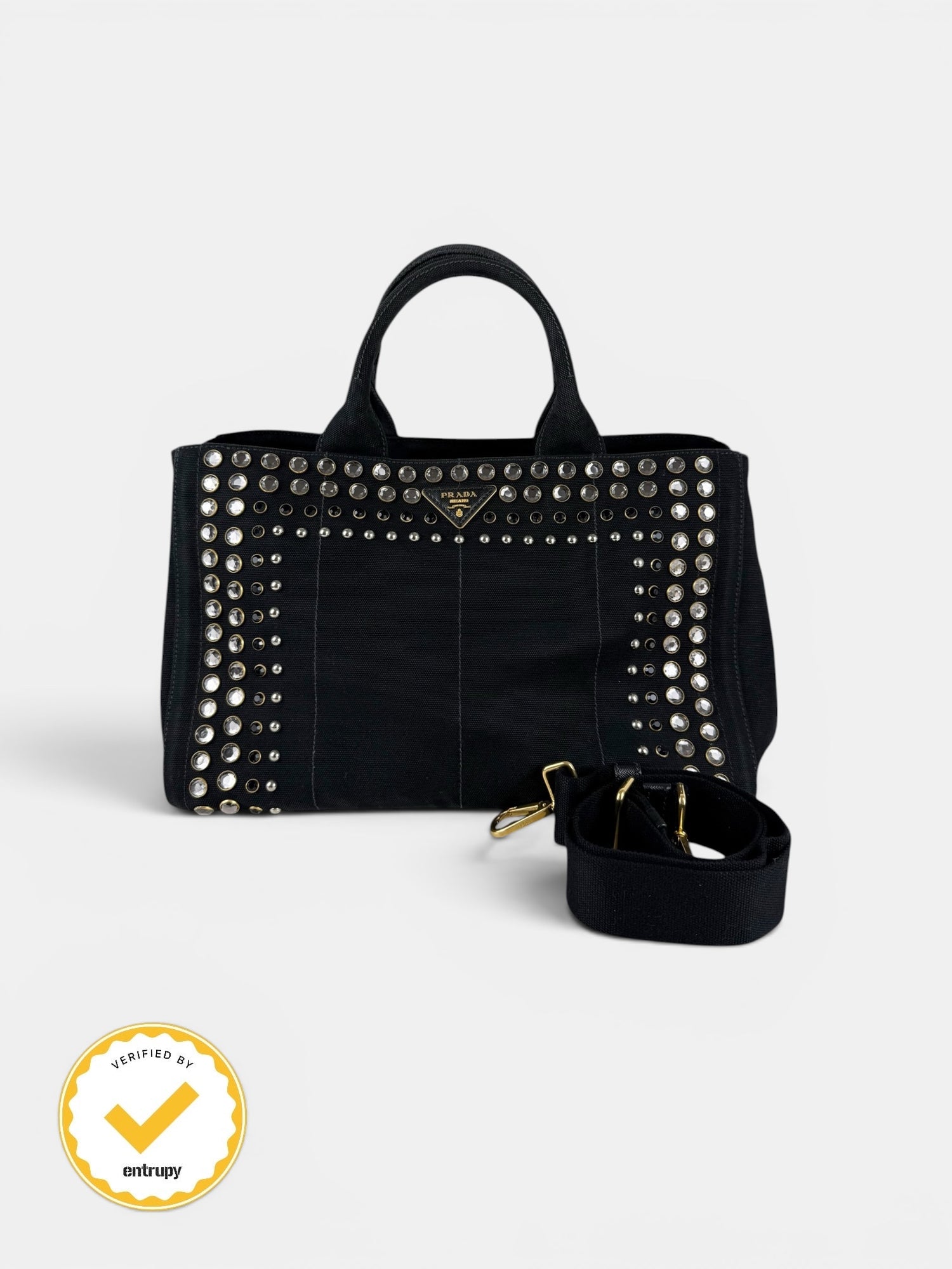 2000s Prada Black Canapa Studded 2-Way Handbag