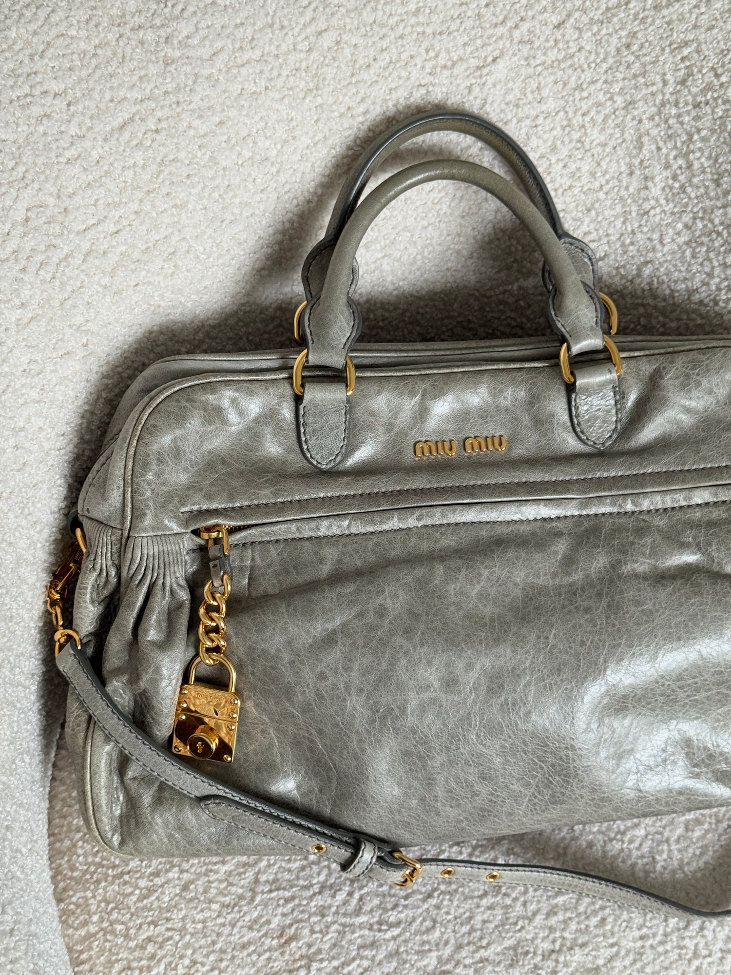Miu Miu Nappa Leather Khaki Grey 2Way Large Handbag 2000s