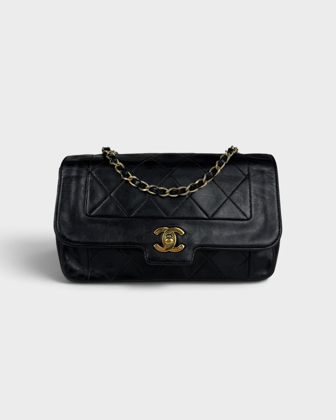 1980s Vintage Chanel Black Lambskin Diana Square Single Flap Bag 24K GHW