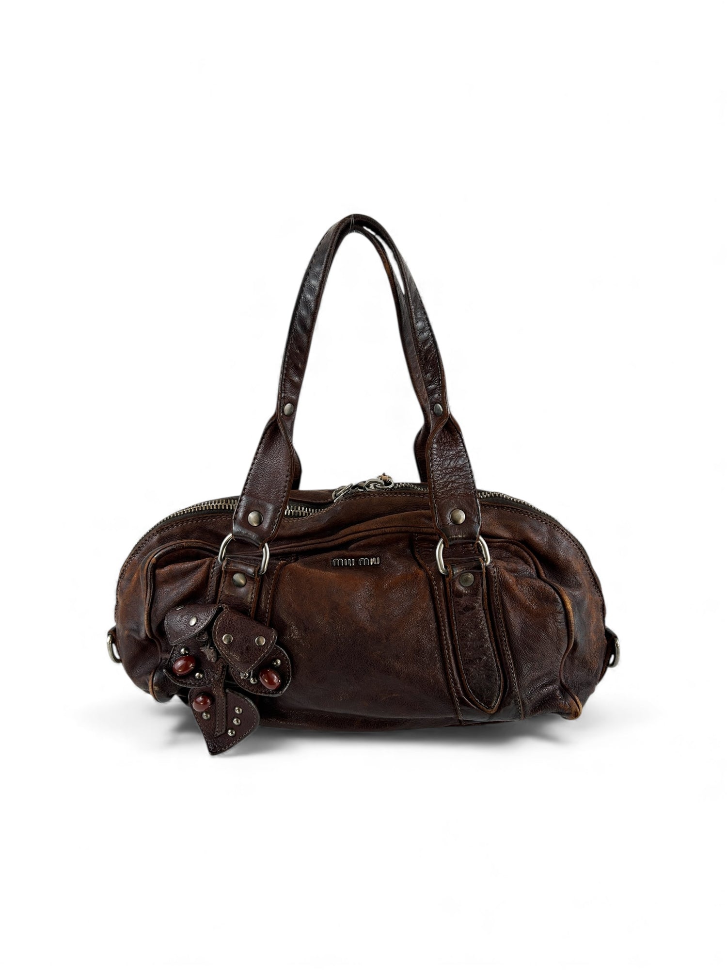 Archive 90s Miu Miu Leather Flower Charm Boston Handbag