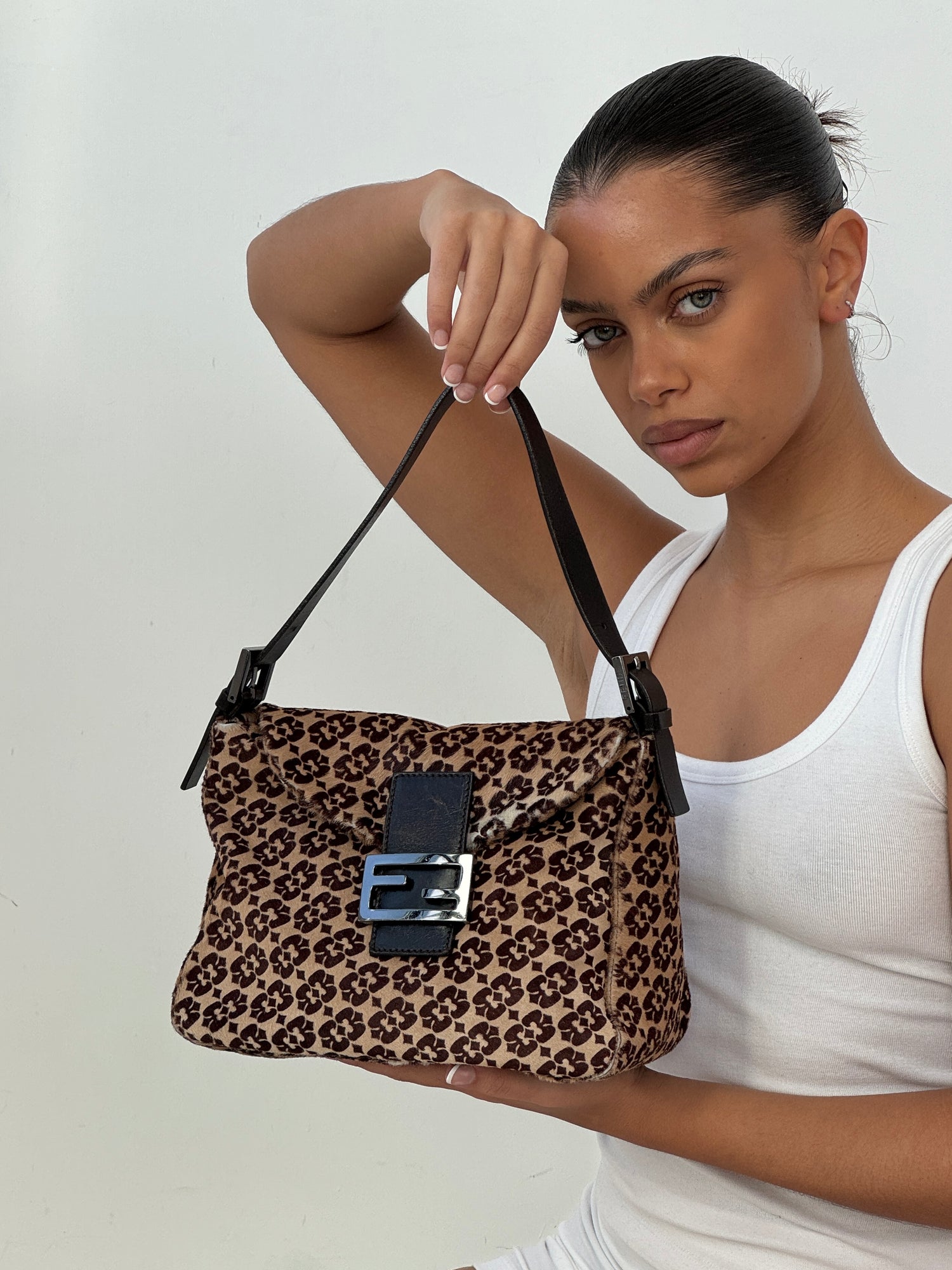 Vintage Fendi Zucca Calf Hair Mamma Baguette Shoulder Bag