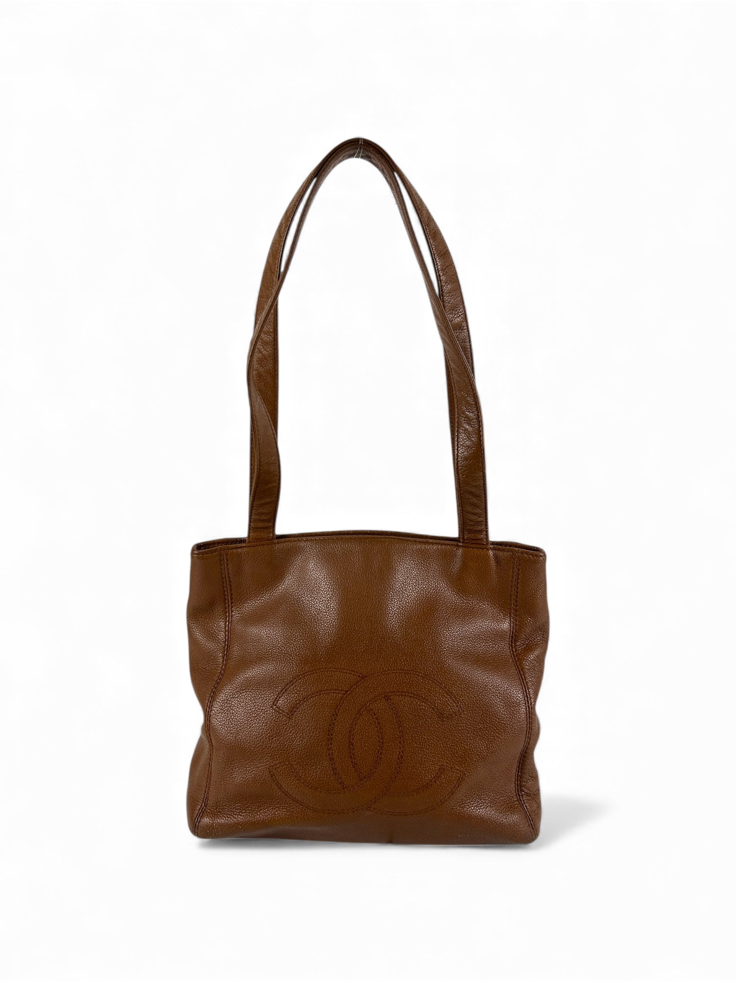 Vintage 1997-1999 Chanel CC Grained Leather Brown Mini Tote Bag