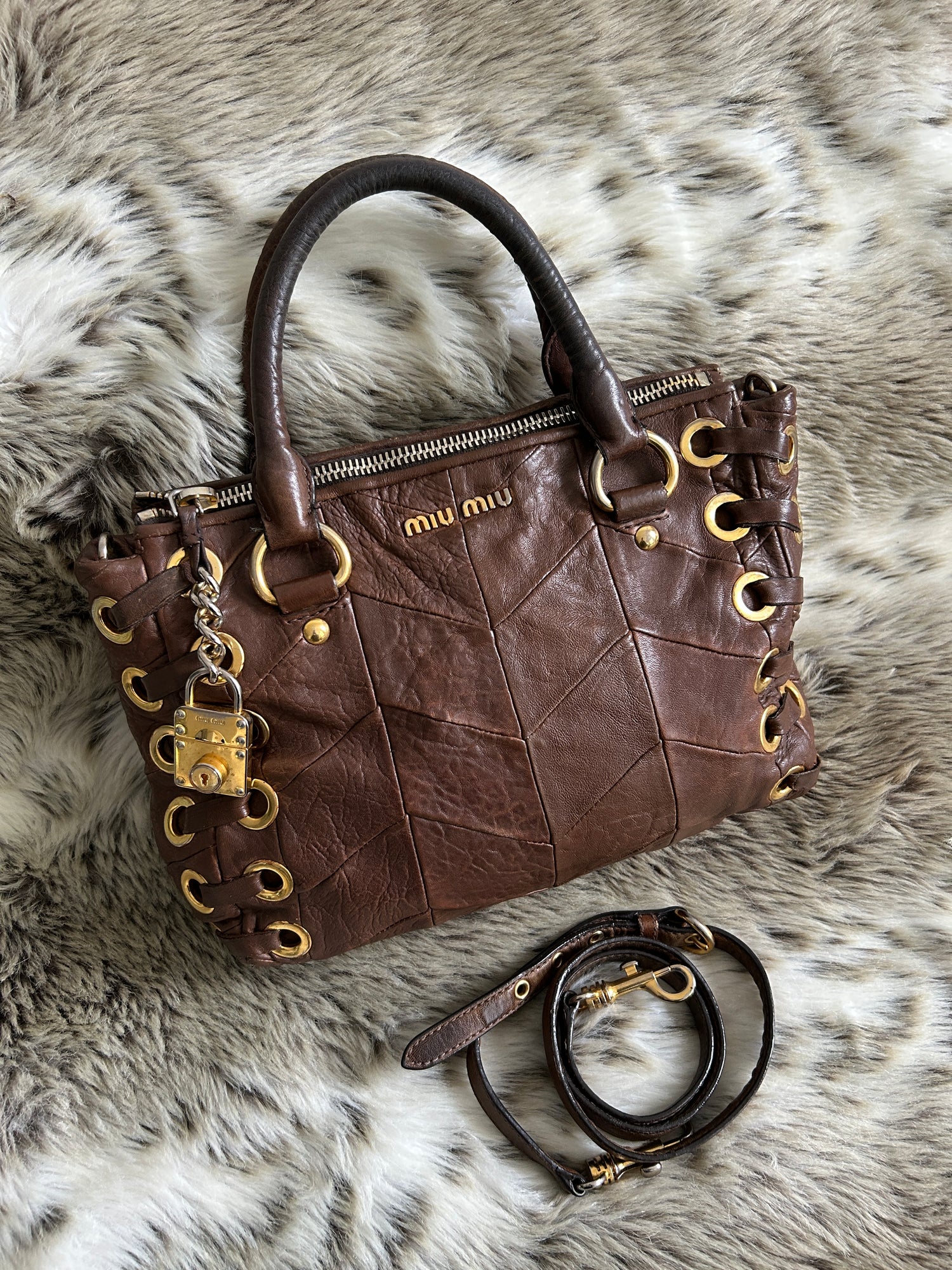 Vintage 2000s Miu Miu Grommet Tote Caramel Chevron Leather