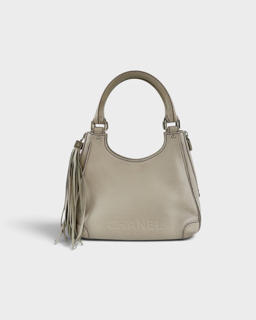 2003 Chanel Grained Calfskin Fringe Tassel Logo Hobo Bag