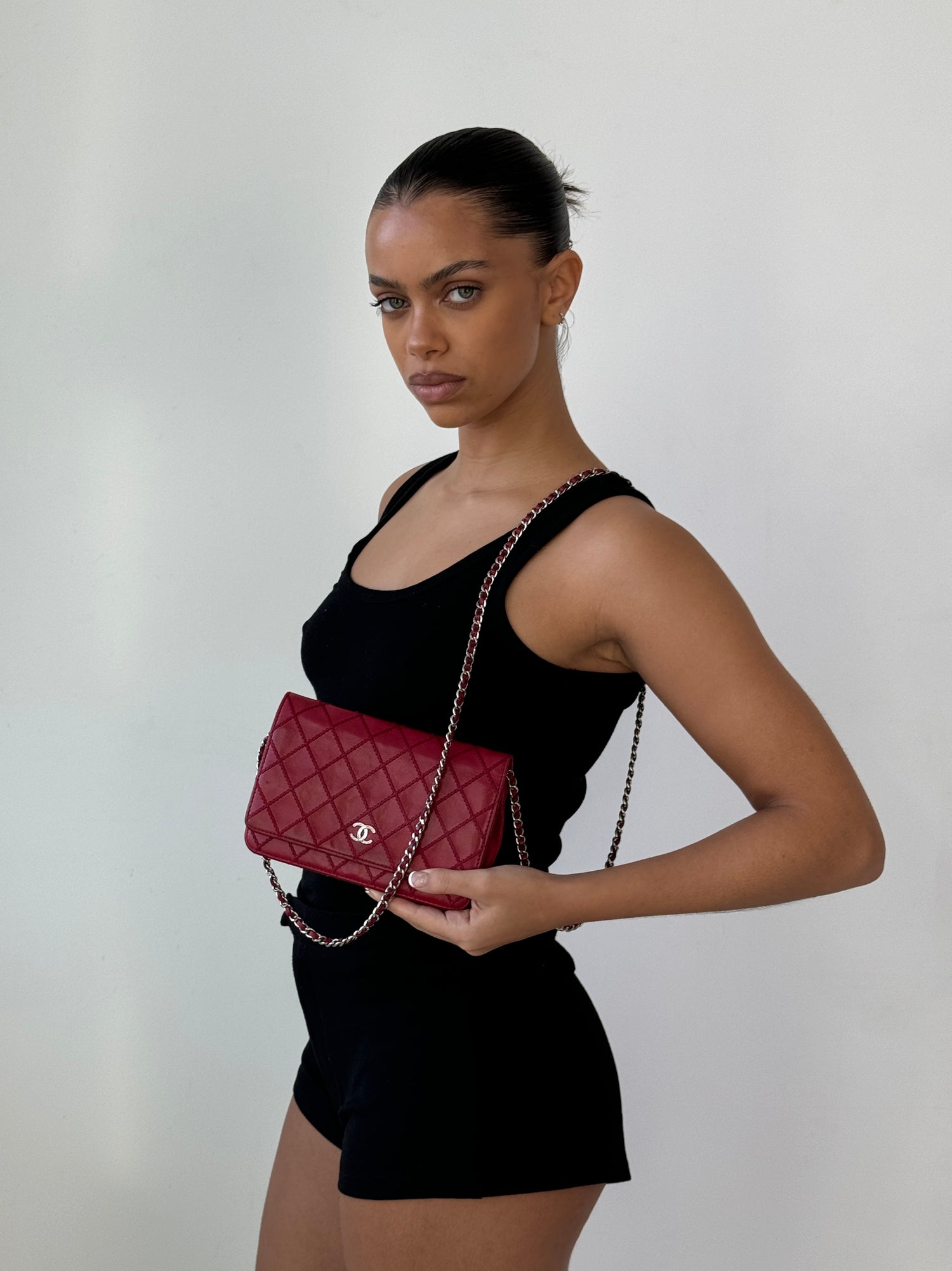 Chanel Red Lambskin Red Diamond Stitch Wallet on Chain (WOC) SHW (2014)