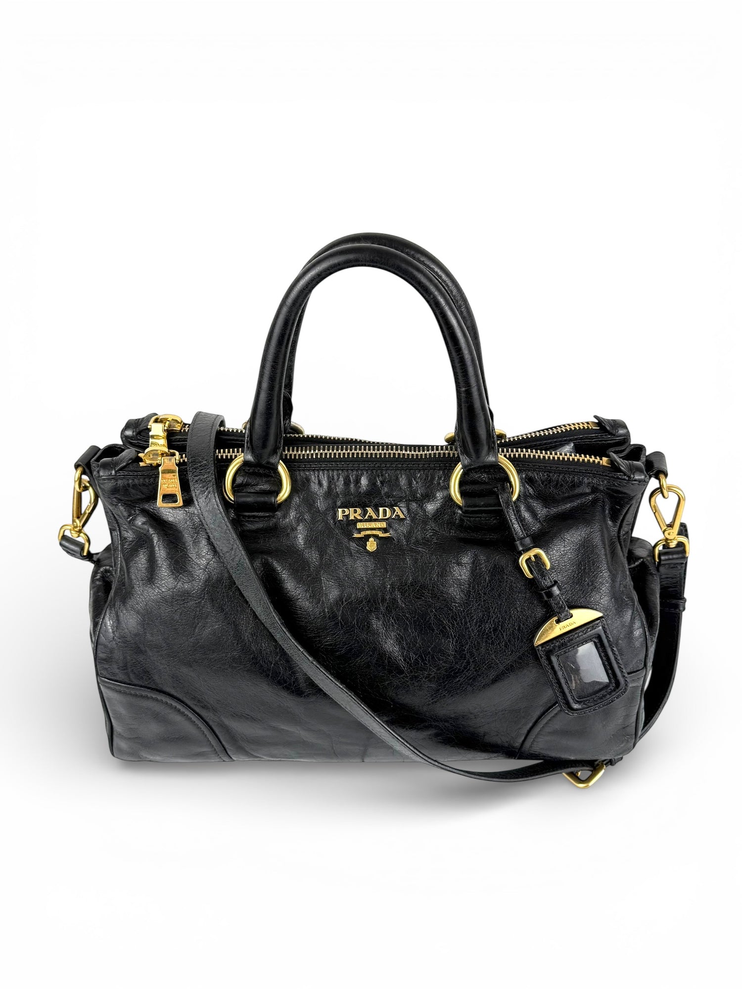 2010s Prada Vitello Shine 2Way Black Handbag