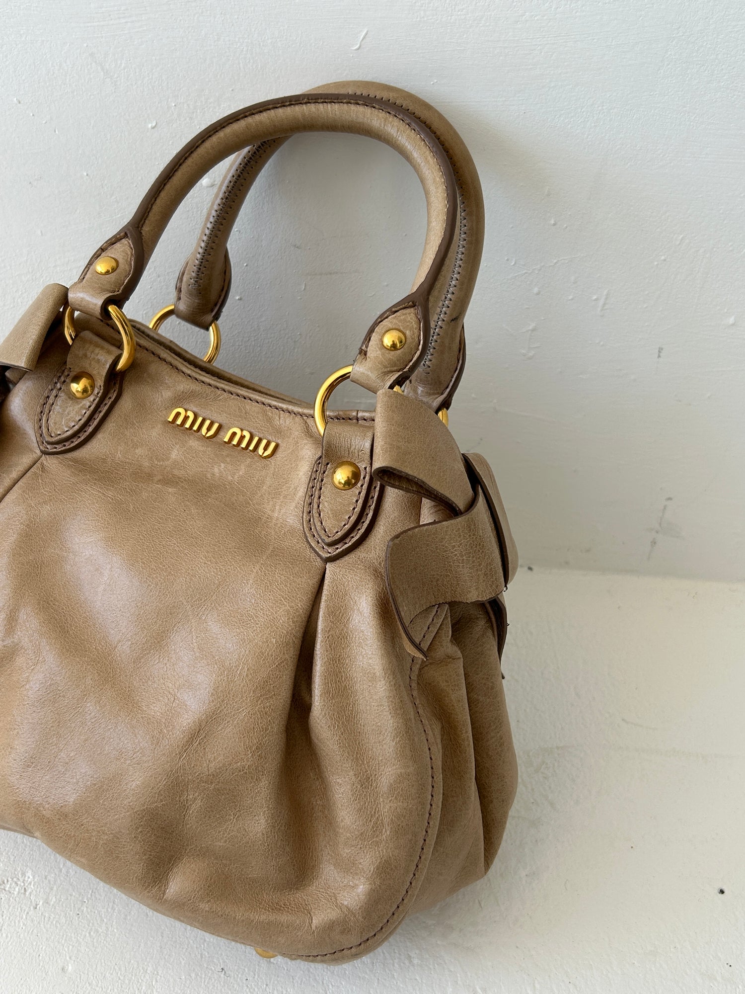 Miu Miu Brown Vitello Lux Bow Leather Satchel Handbag