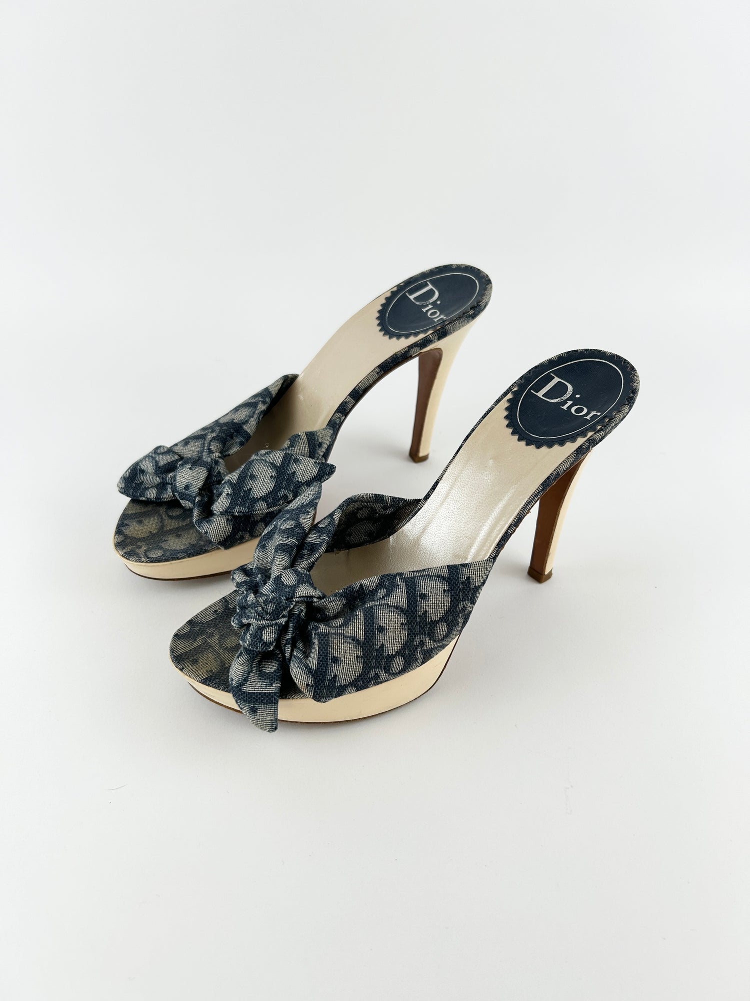 Vintage Christian Dior Blue Monogram Knot Platform Heels