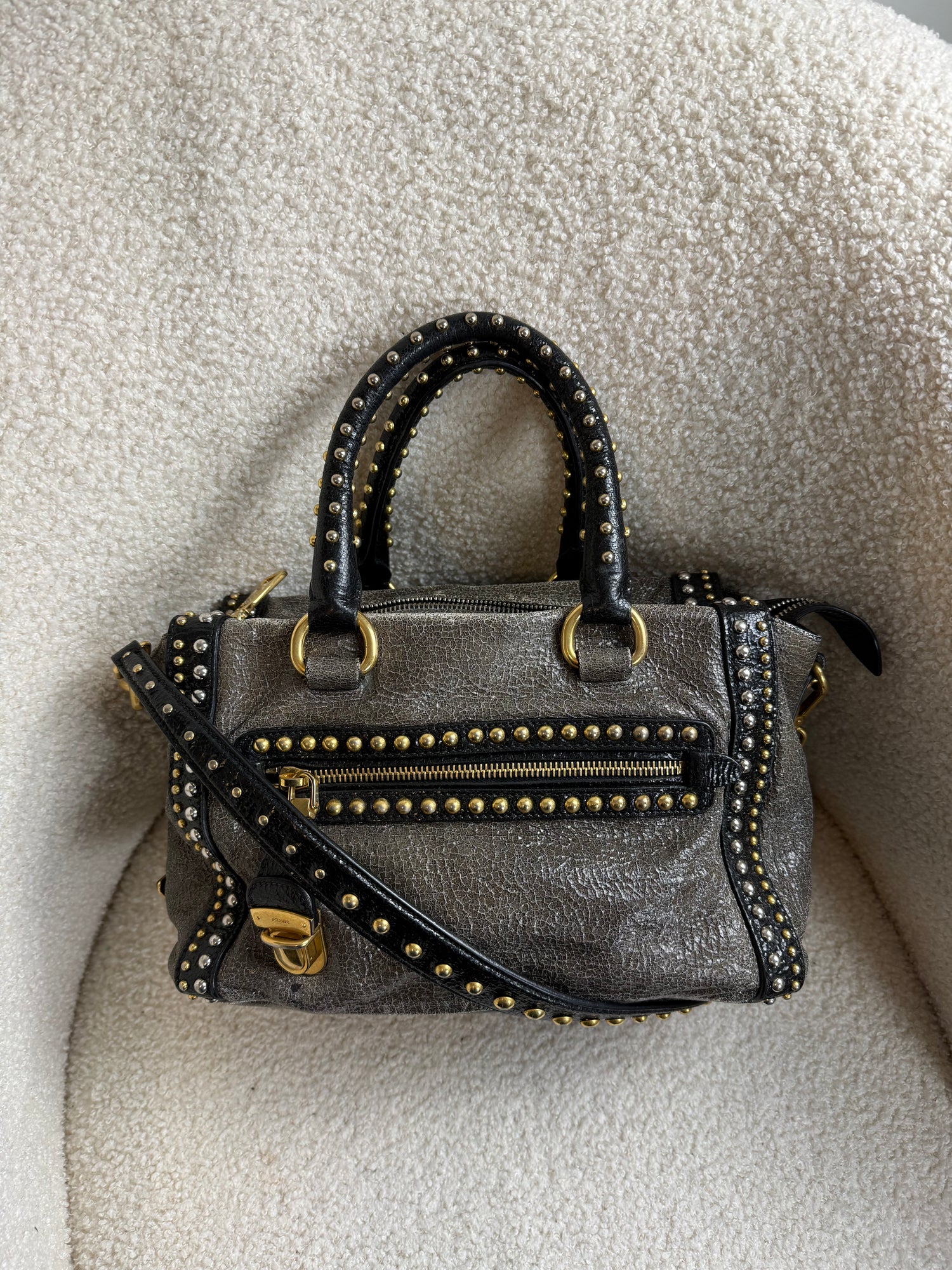 2010s Prada Studded 2Way Vitello Shimmer Handbag