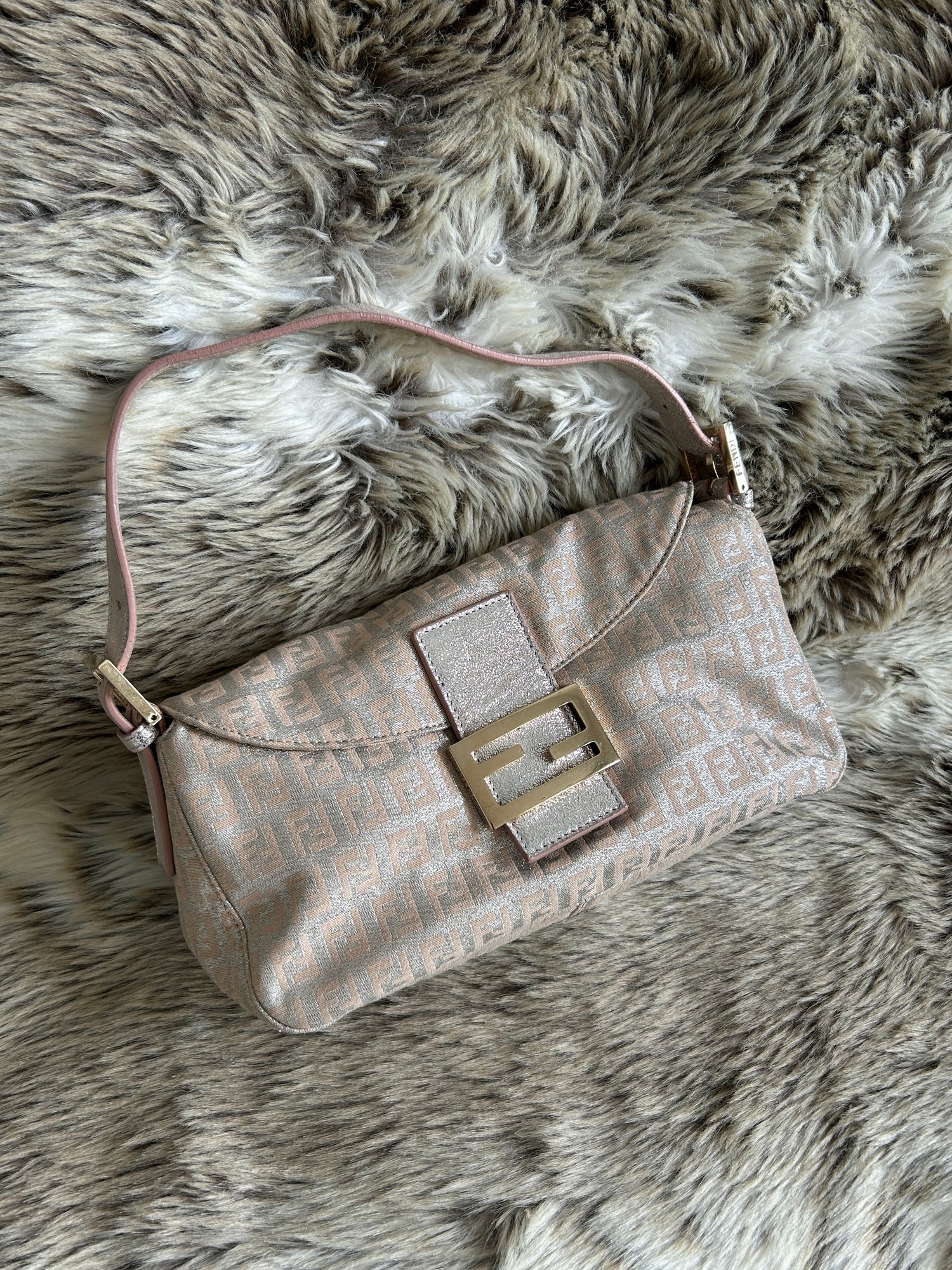 Vintage Fendi Zucca Metallic Baguette Shoulder Bag 90s