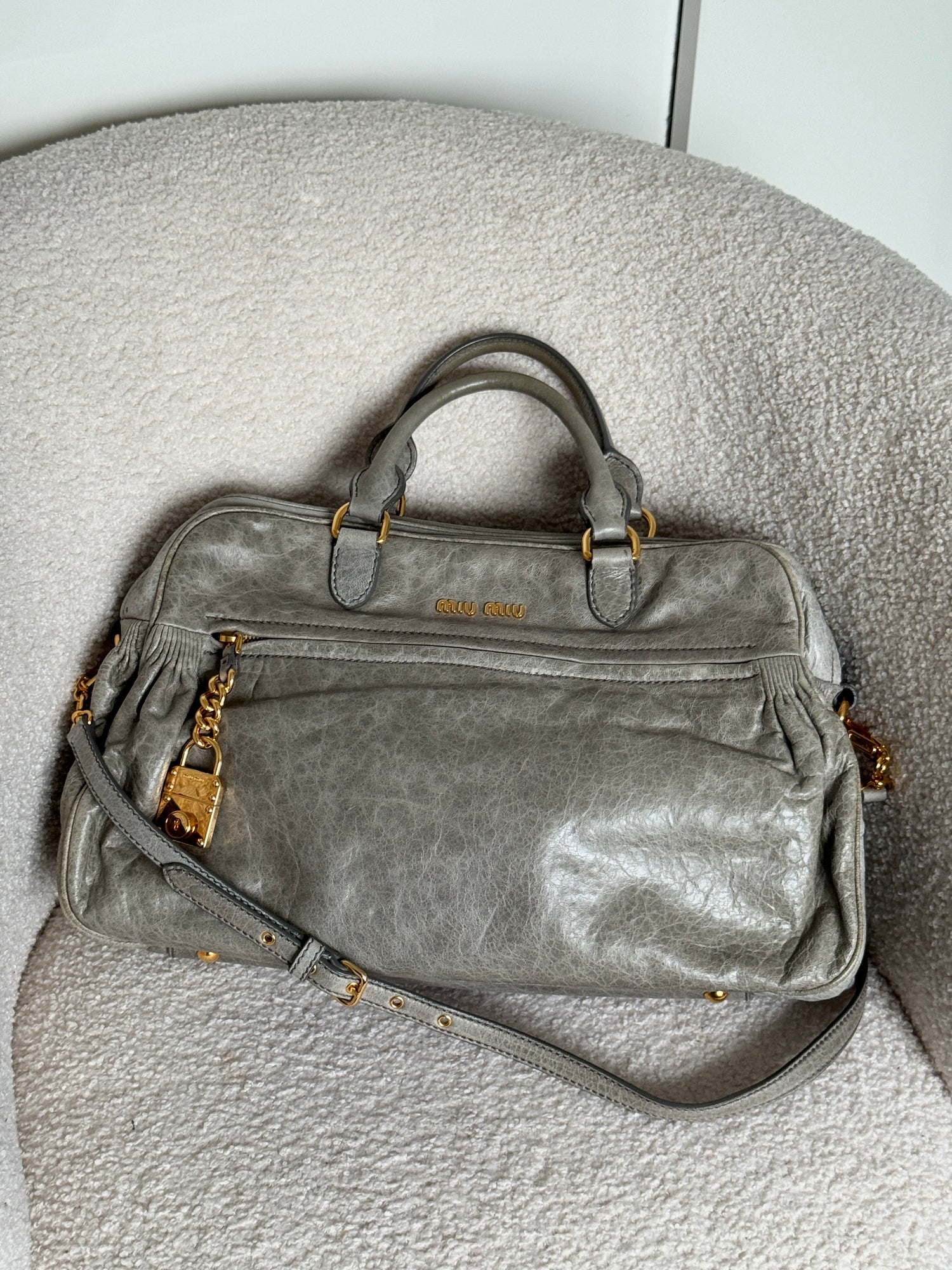 Miu Miu Nappa Leather Khaki Grey 2Way Large Handbag 2000s