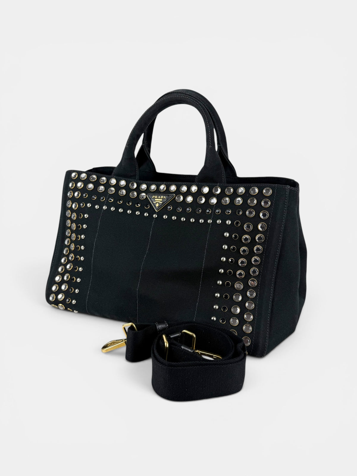 2000s Prada Black Canapa Studded 2-Way Handbag