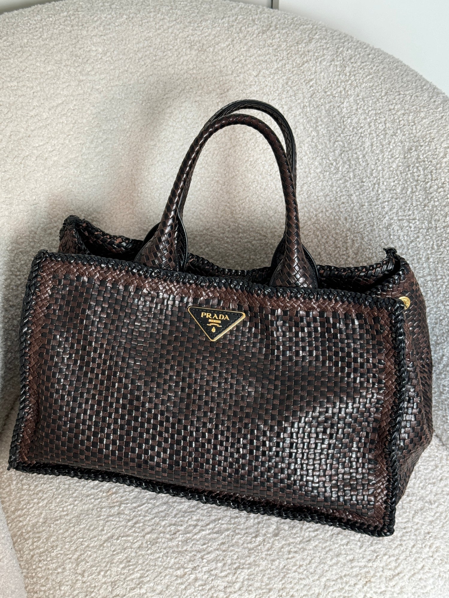 Prada Metallic Bronze Madras Straw Leather Handbag