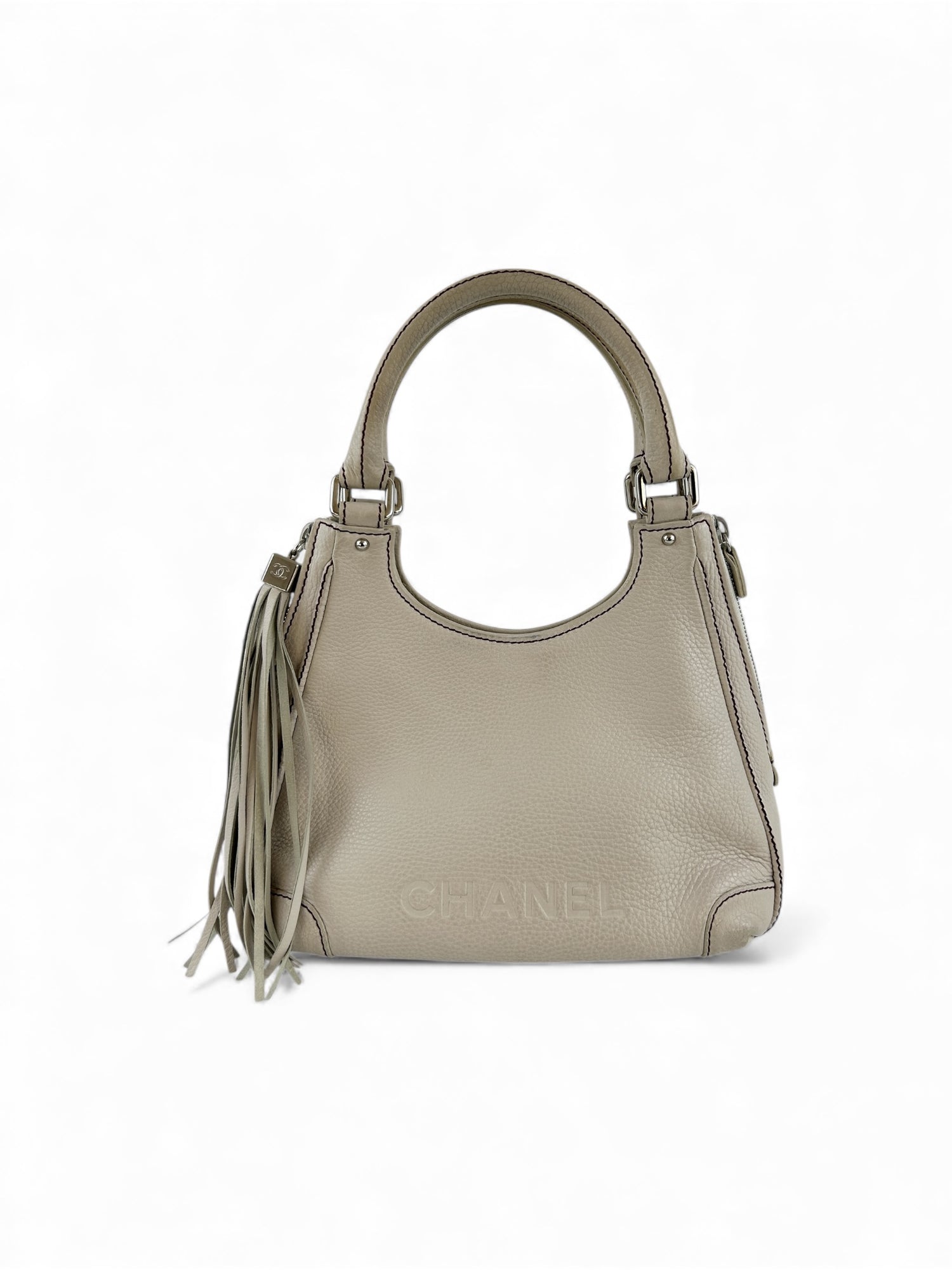 Vintage 2003 Chanel Grained Calfskin Fringe Tassel Logo Hobo Bag