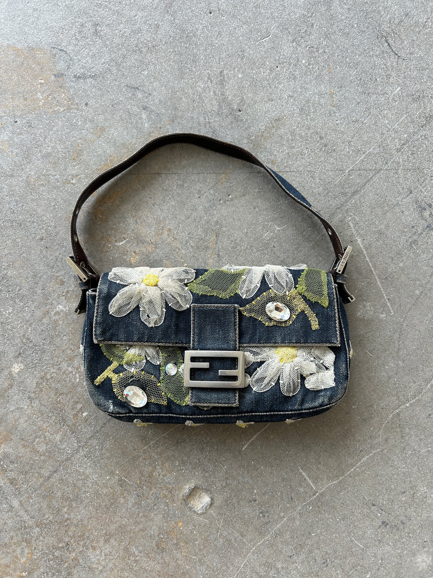 Vintage Fendi Denim Flower Baguette Shoulder Bag RARE