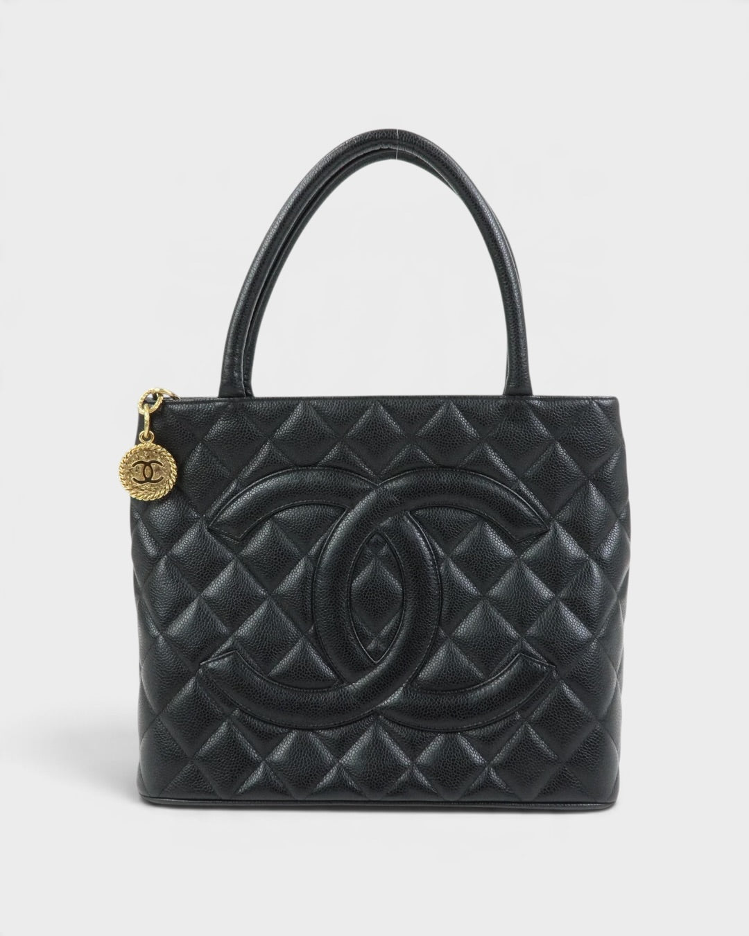 2000/2002 Chanel Matelasse Caviar Leather Medallion Tote Bag Black GHW