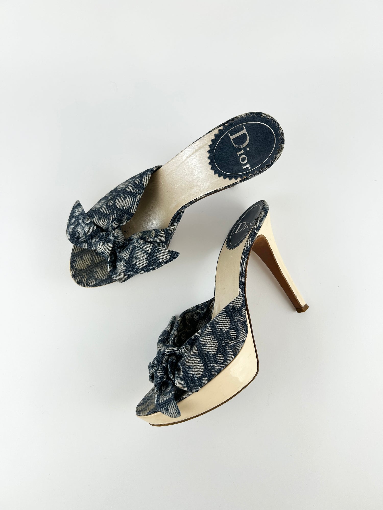 Vintage Christian Dior Blue Monogram Knot Platform Heels